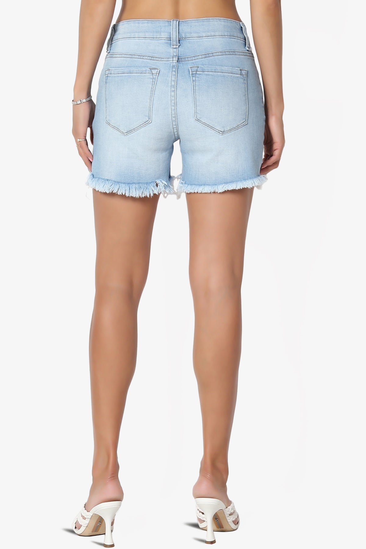 Mingle Frayed Hem High Rise Stretch Denim Shorts