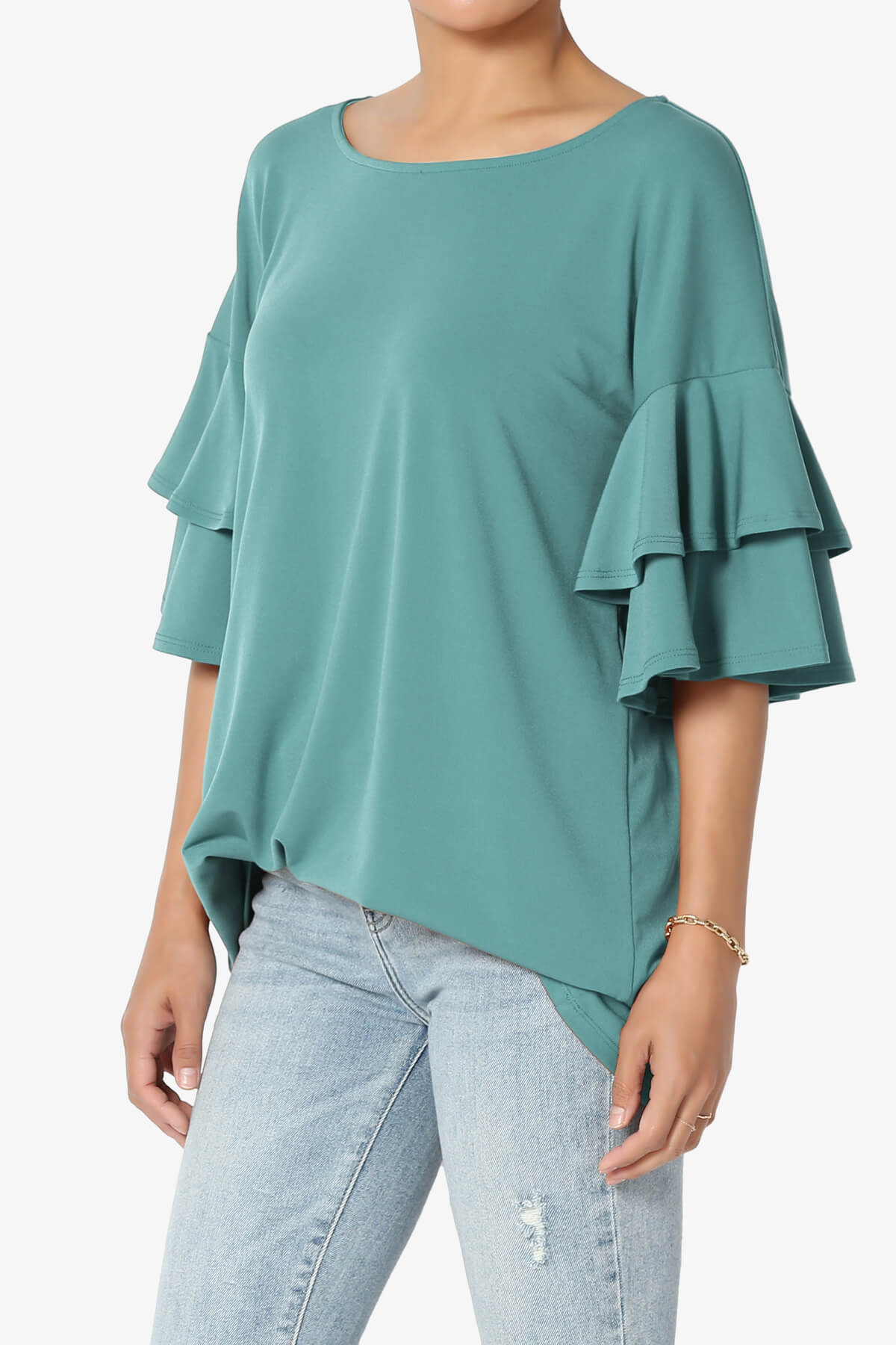 Omere Tiered Bell Sleeve Blouse DUSTY TEAL_3