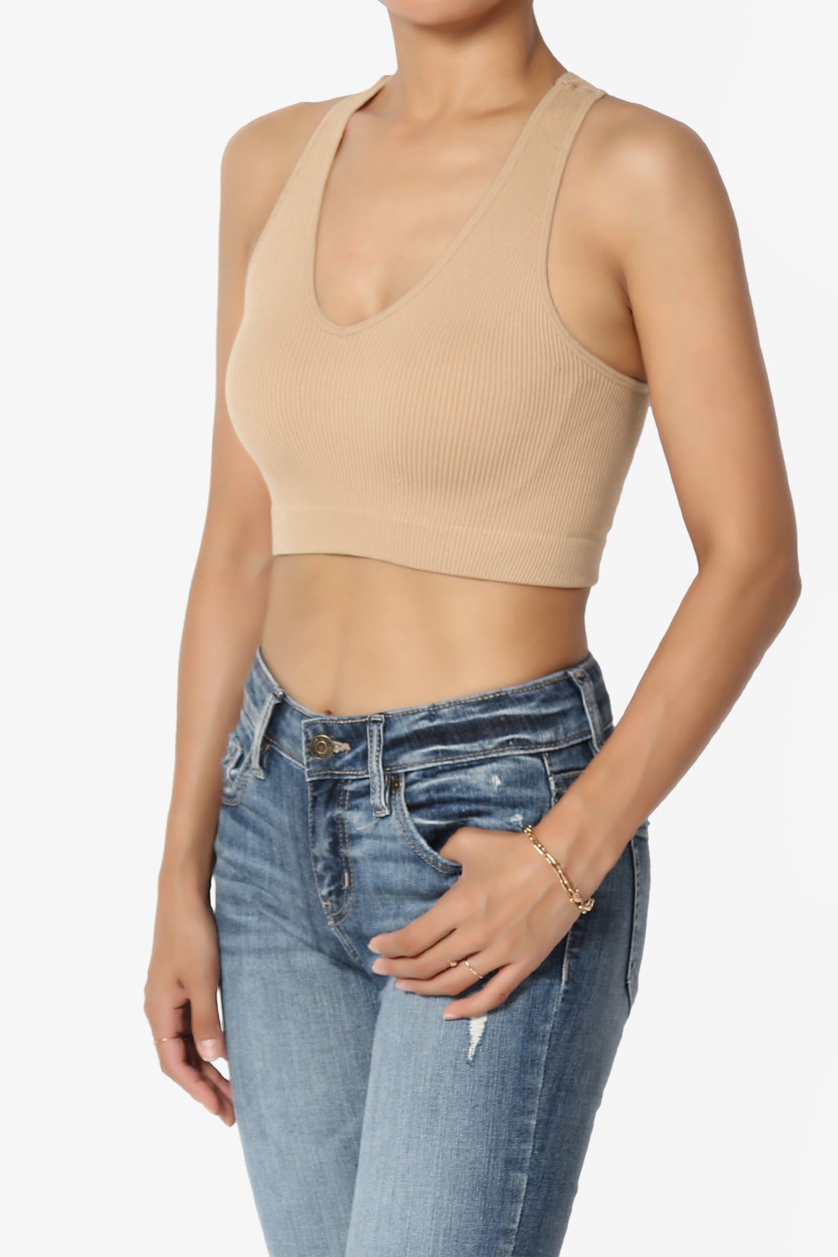 Daliyah Ribbed Seamless Halter Bra Top CAMEL_3