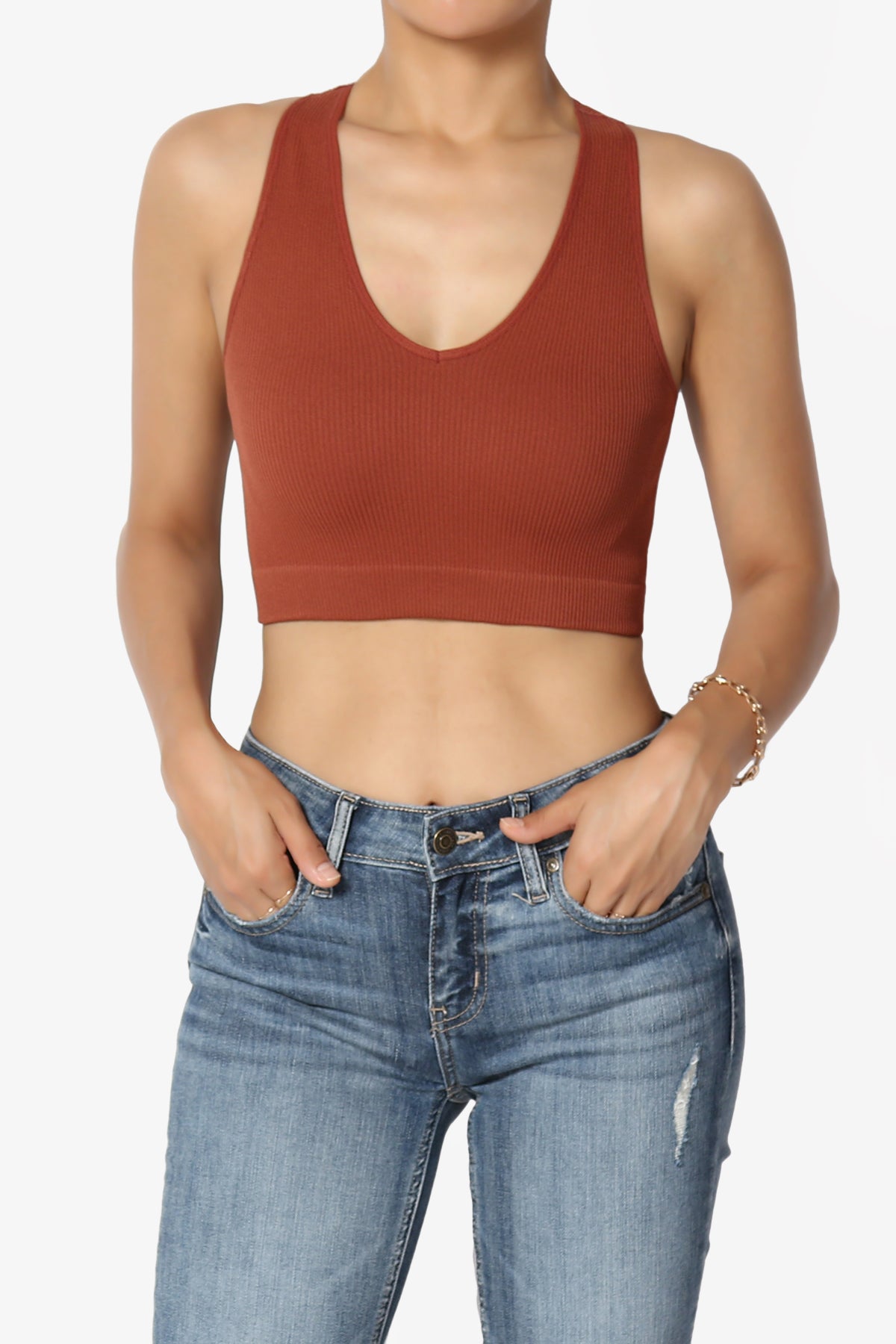 Daliyah Ribbed Seamless Halter Bra Top DARK RUST_1