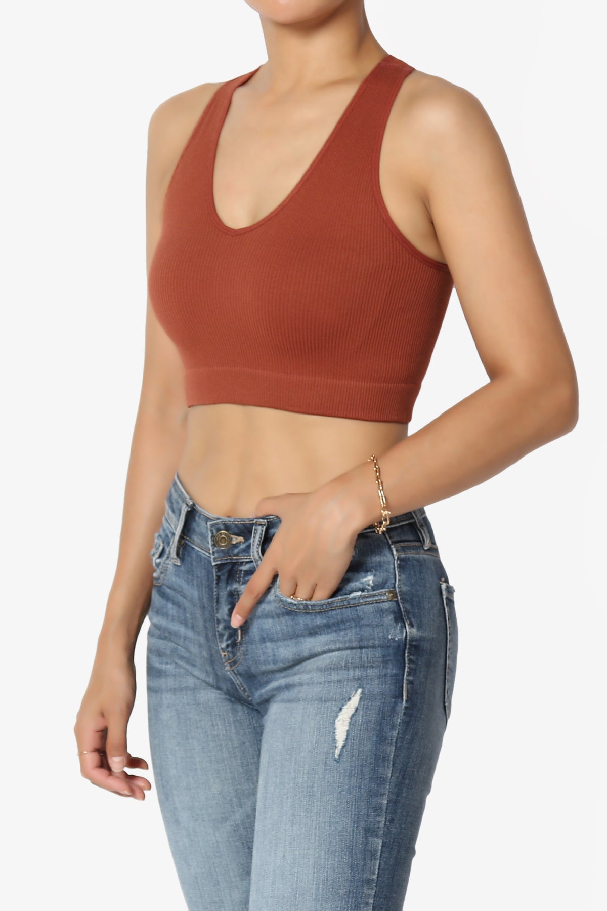 Daliyah Ribbed Seamless Halter Bra Top DARK RUST_3