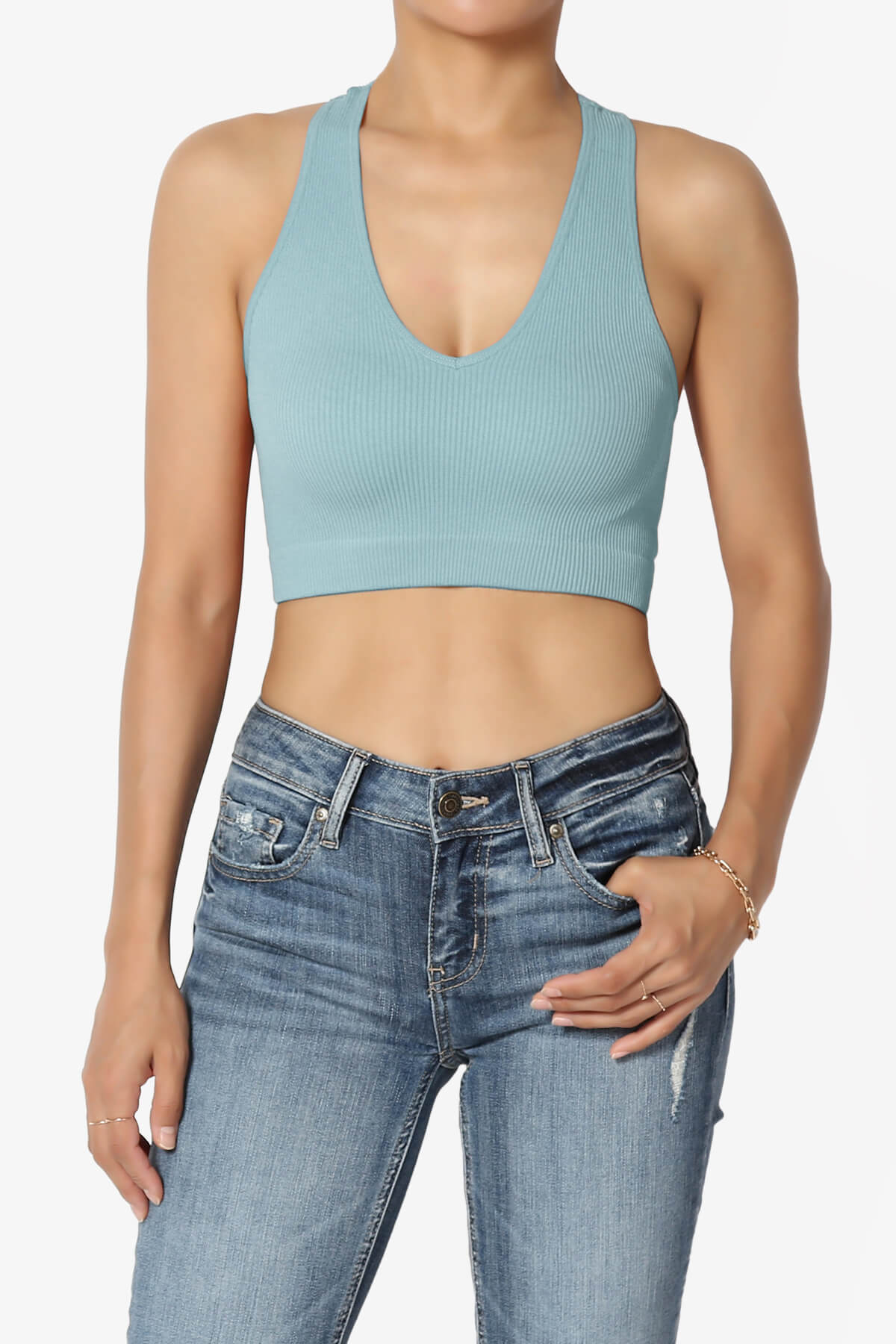 Daliyah Ribbed Seamless Halter Bra Top DUSTY BLUE_1