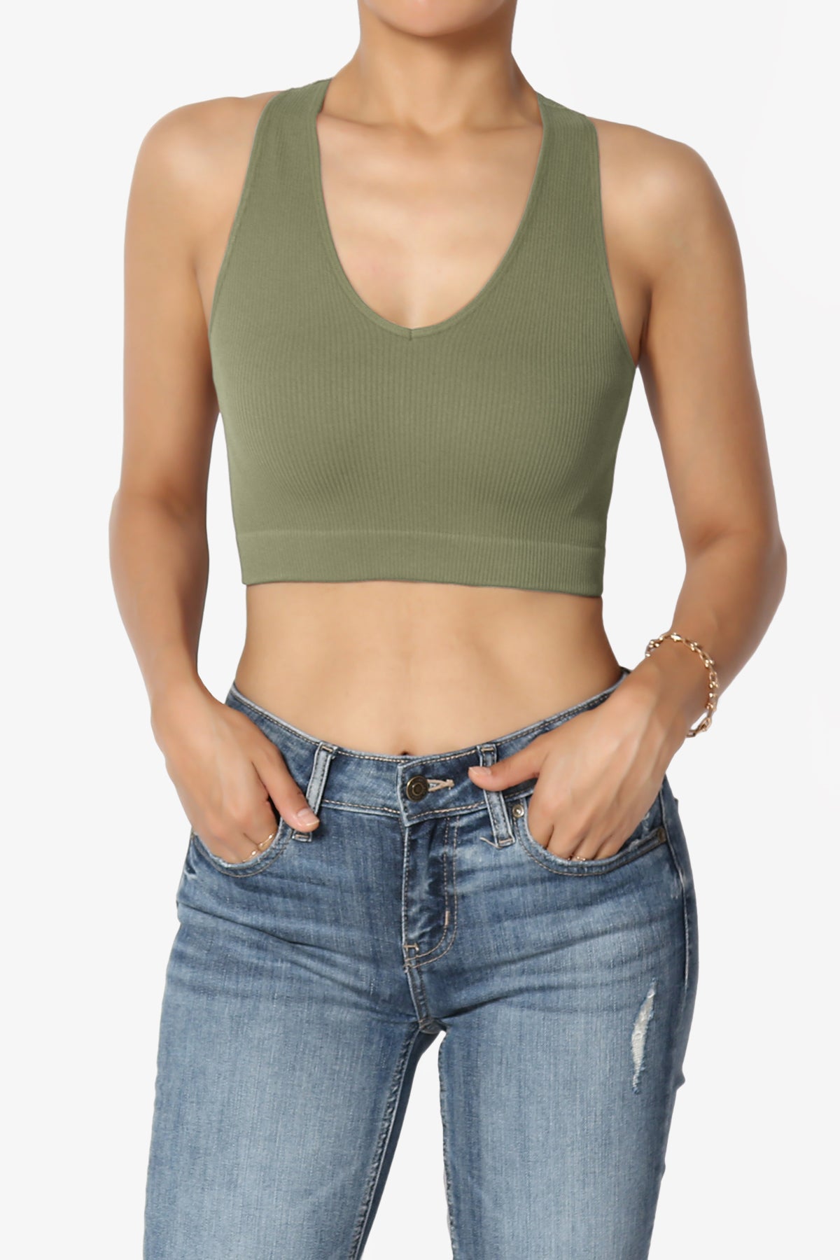 Daliyah Ribbed Seamless Halter Bra Top DUSTY OLIVE_1
