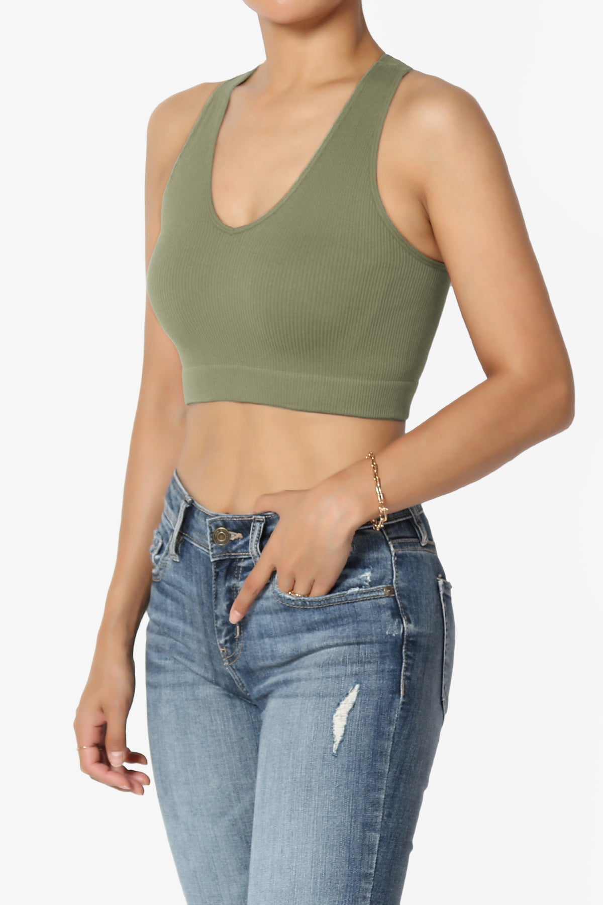 Daliyah Ribbed Seamless Halter Bra Top DUSTY OLIVE_3