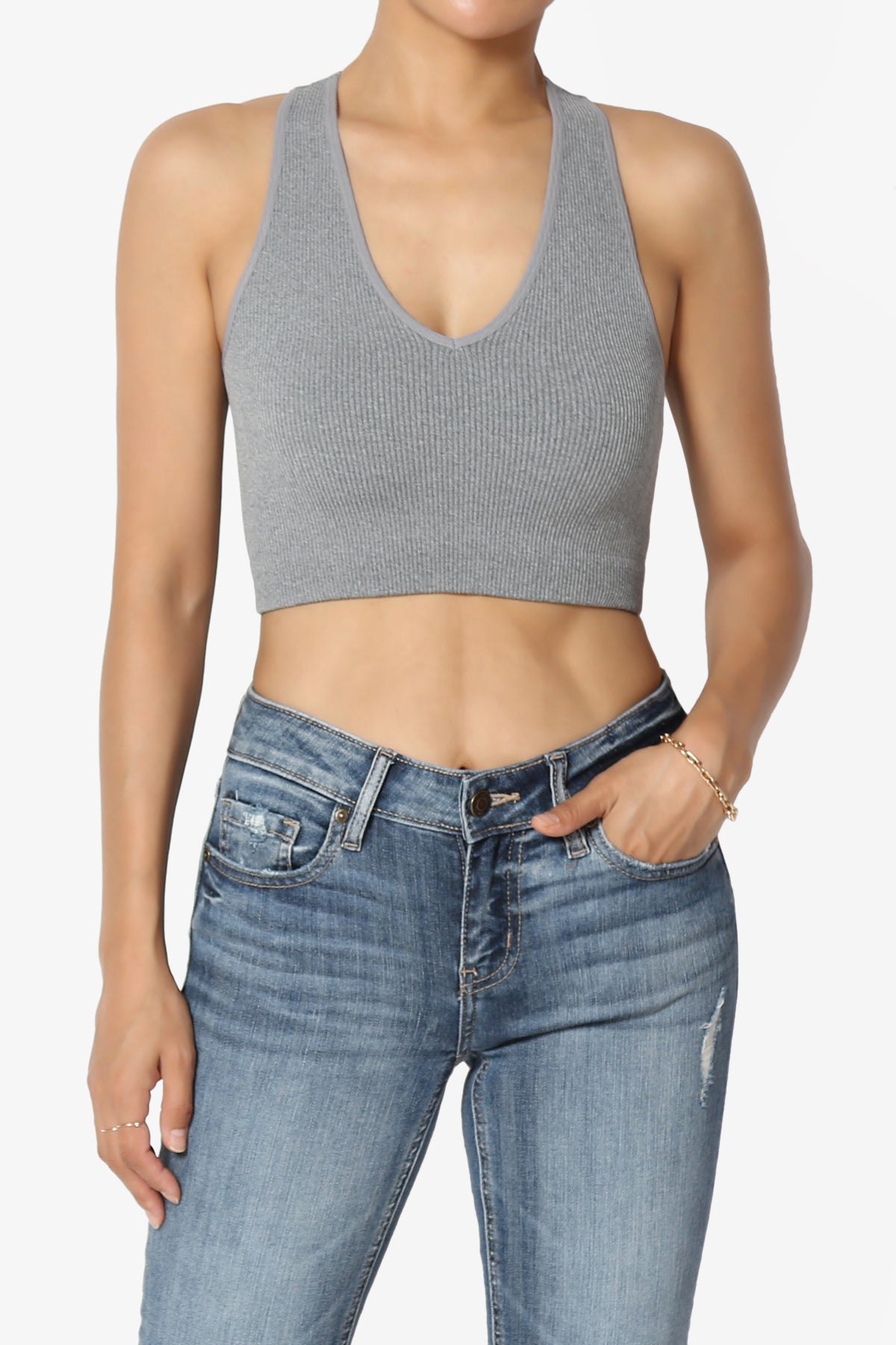 Daliyah Ribbed Seamless Halter Bra Top HEATHER GREY_1