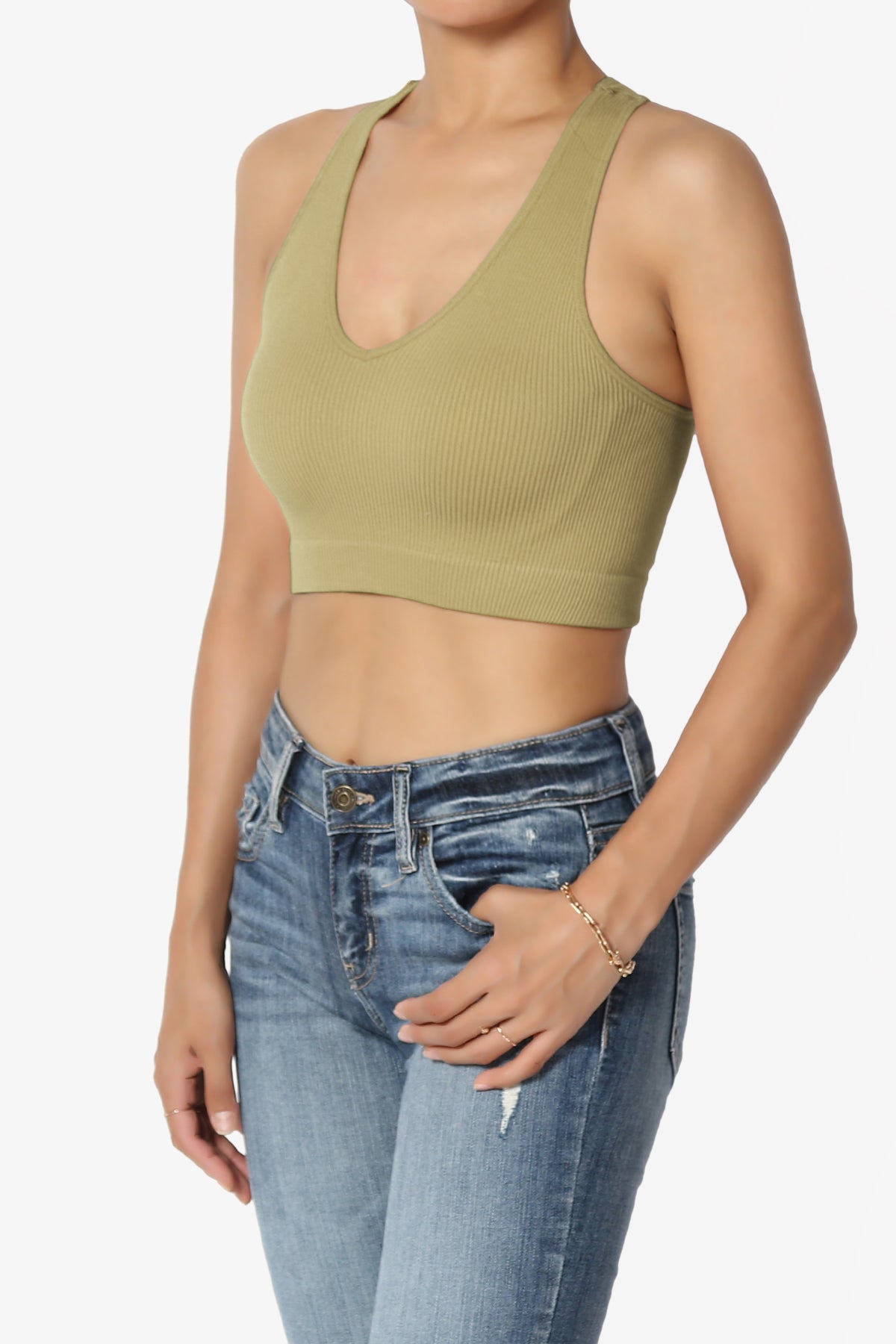 Daliyah Ribbed Seamless Halter Bra Top KHAKI GREEN_3