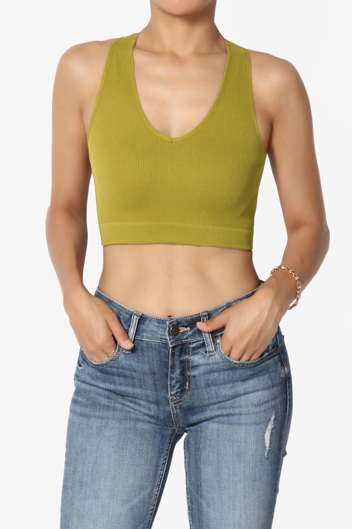Daliyah Ribbed Seamless Halter Bra Top OLIVE MUSTARD_1