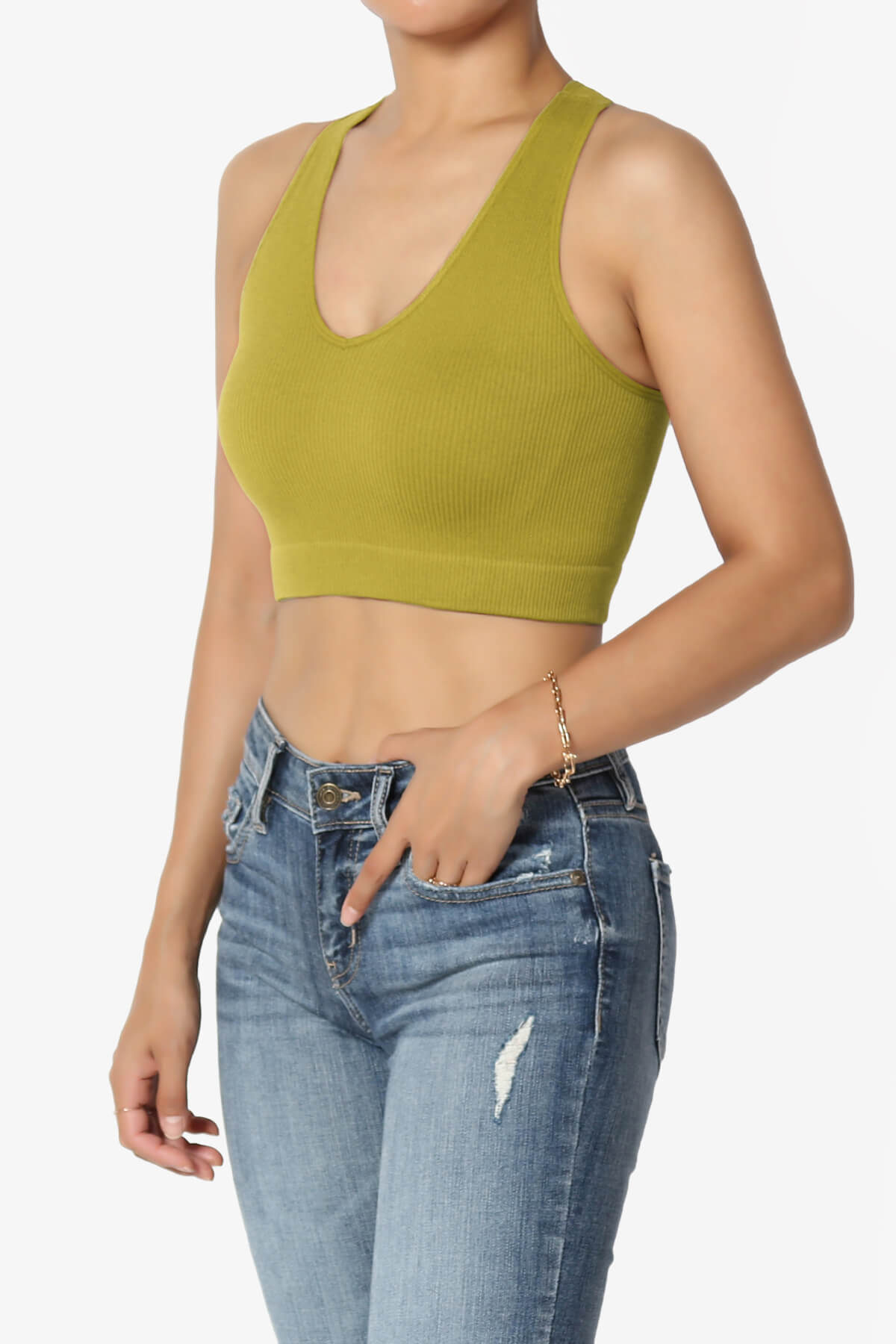 Daliyah Ribbed Seamless Halter Bra Top OLIVE MUSTARD_3