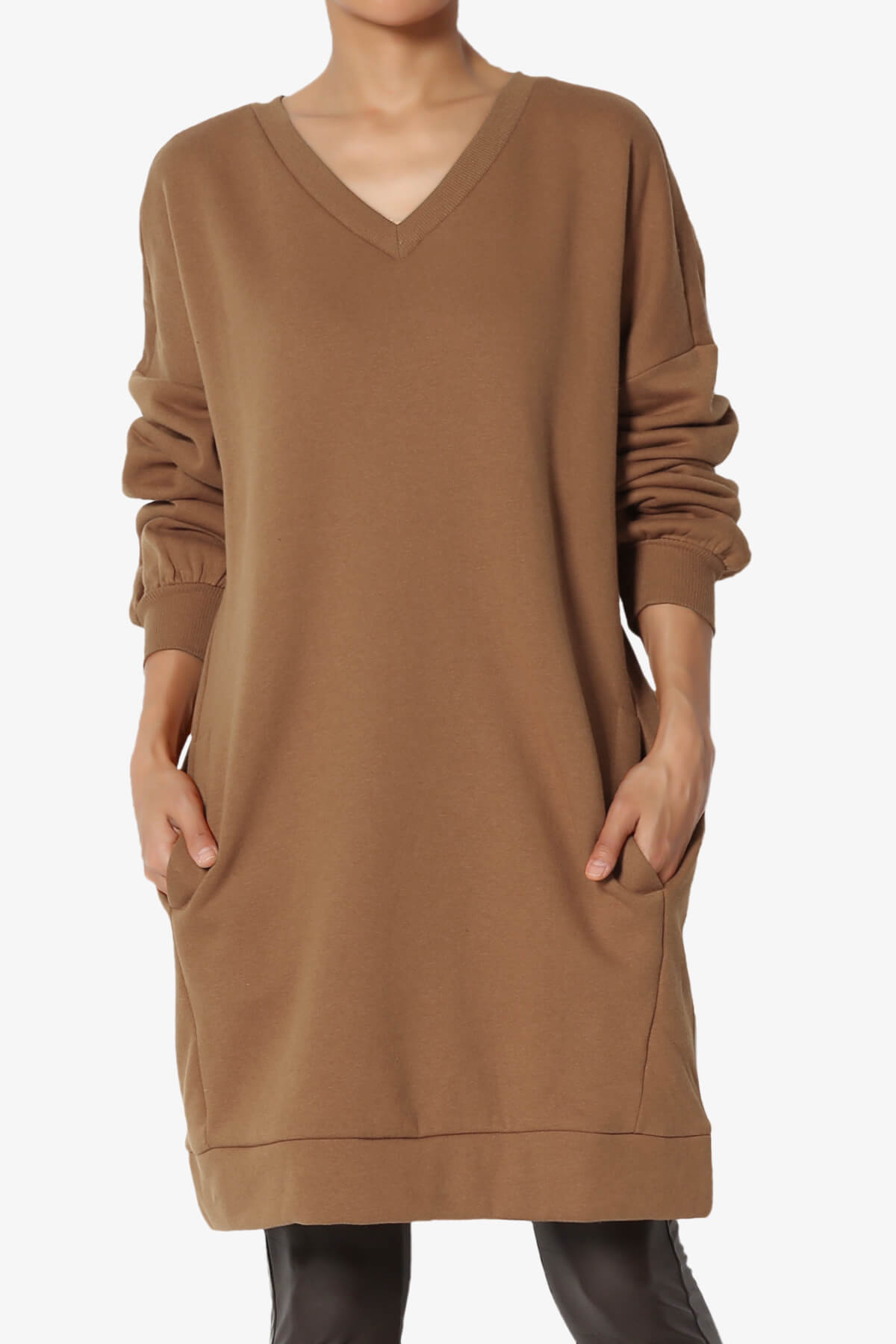 Accie V-Neck Tunic Sweatshirt DARK CAMEL_1