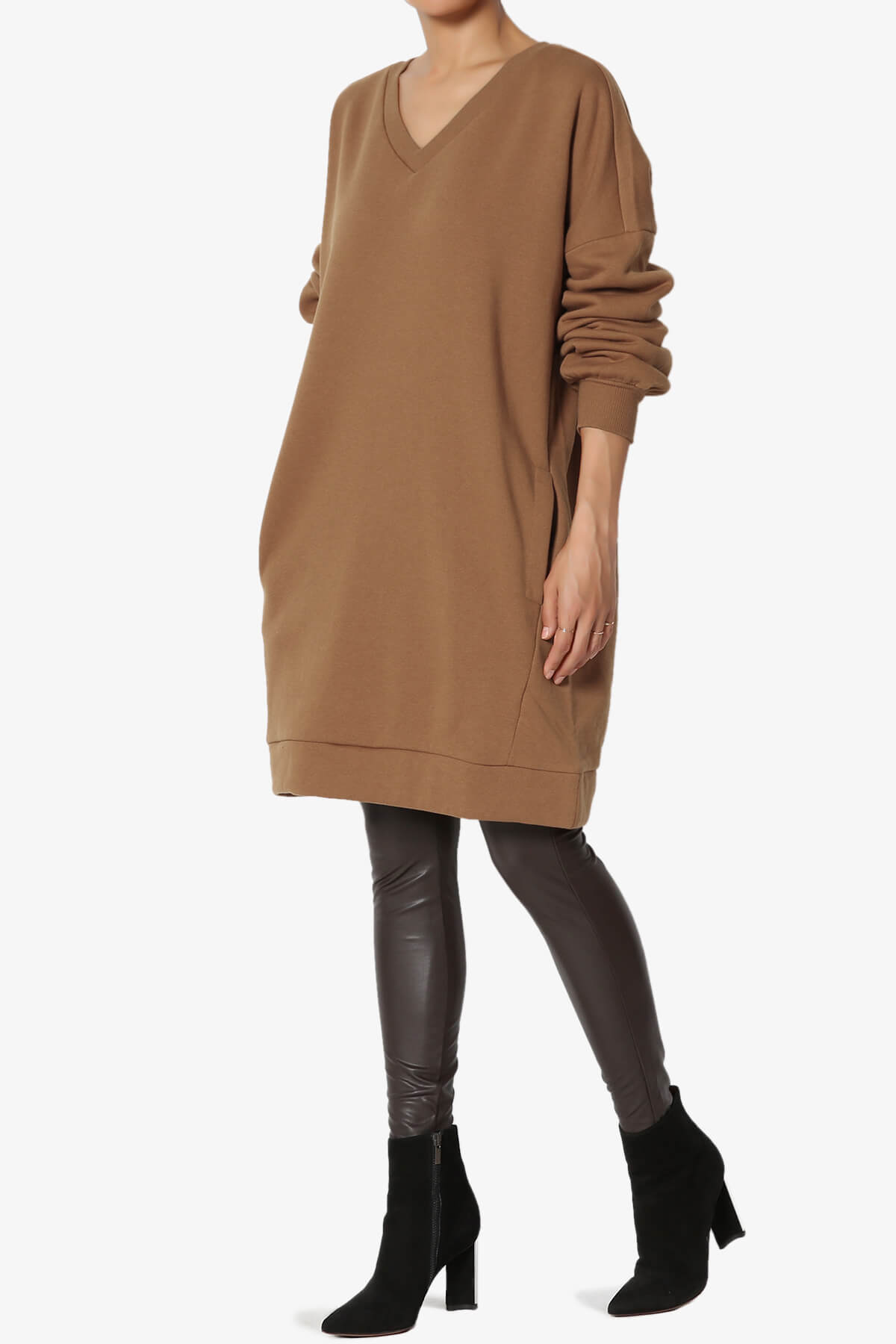 Accie V-Neck Tunic Sweatshirt DARK CAMEL_3