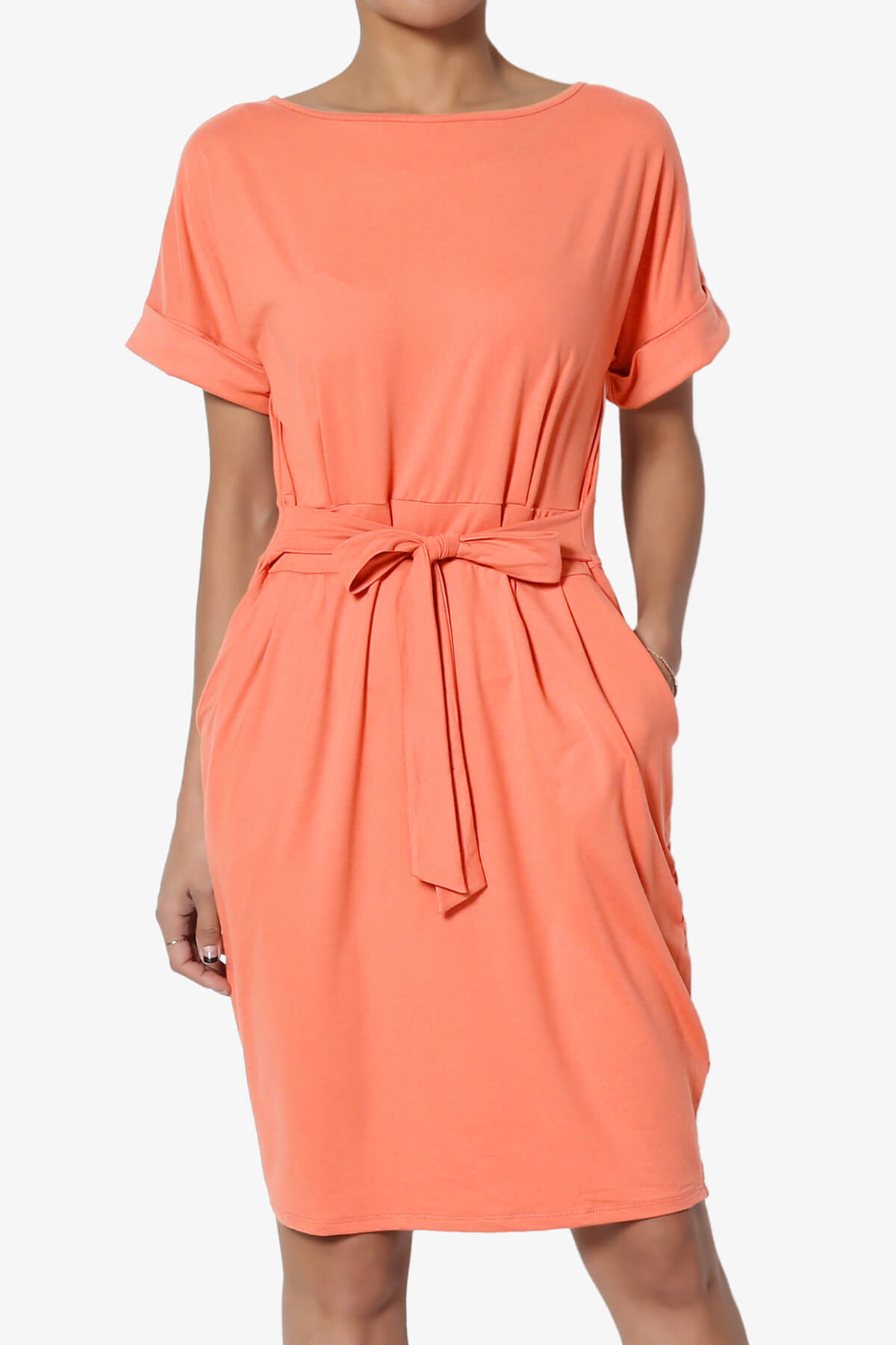 Pennie Tie Waist DTY Jersey Dress CORAL_1