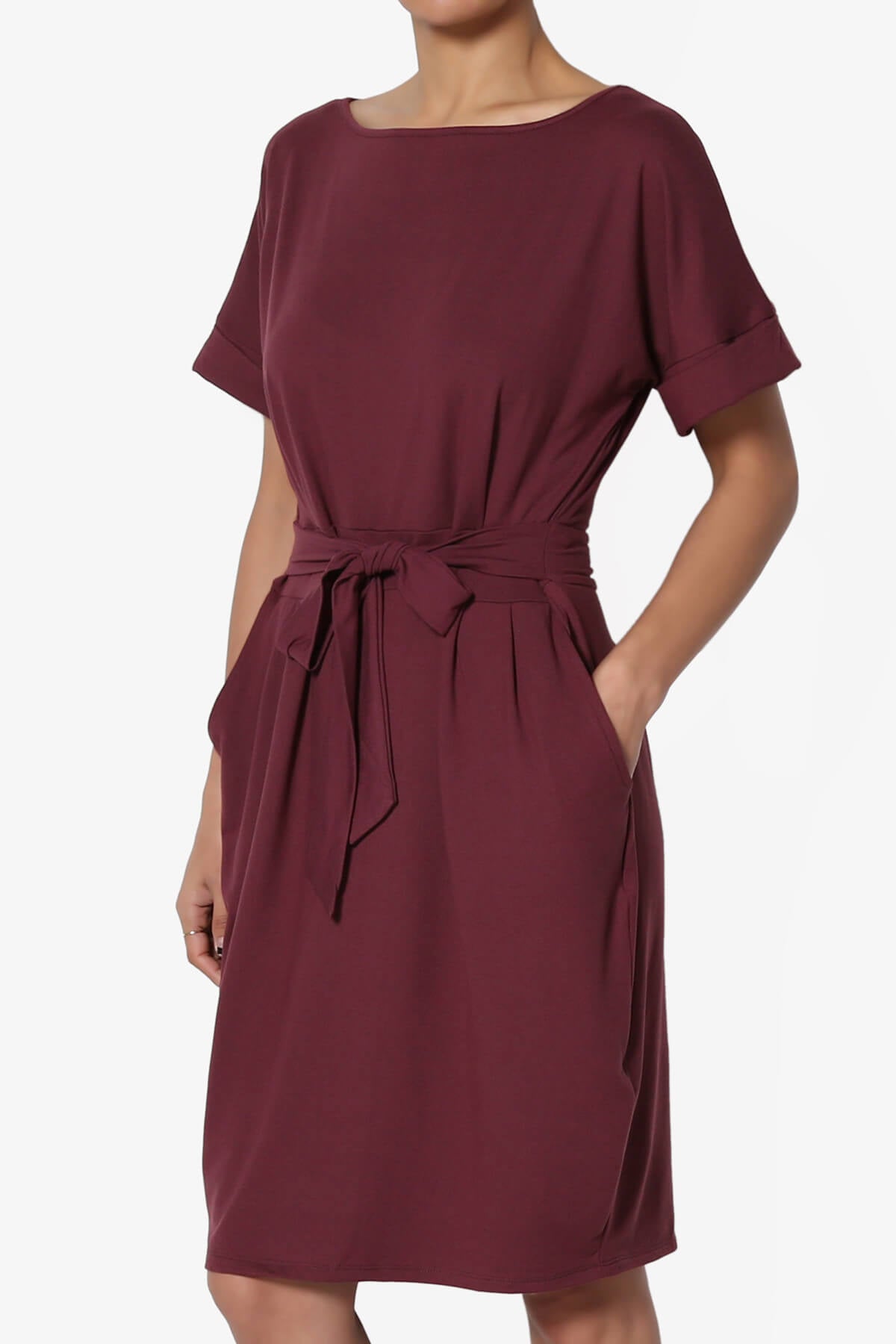 Pennie Tie Waist DTY Jersey Dress DARK BURGUNDY_3