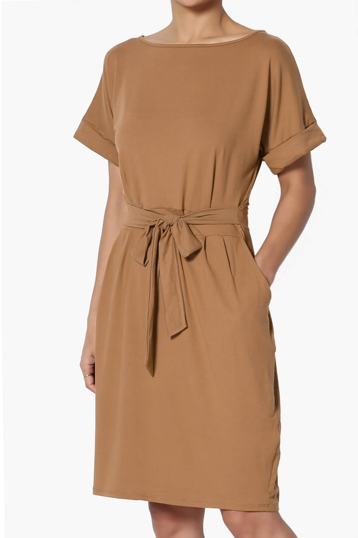 Pennie Tie Waist DTY Jersey Dress DEEP CAMEL_3