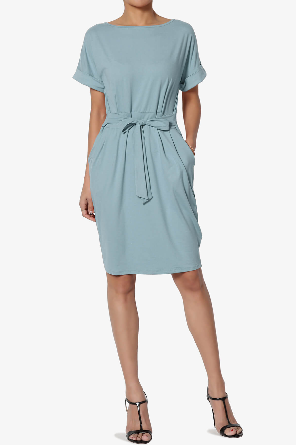 Pennie Tie Waist DTY Jersey Dress DUSTY BLUE_6