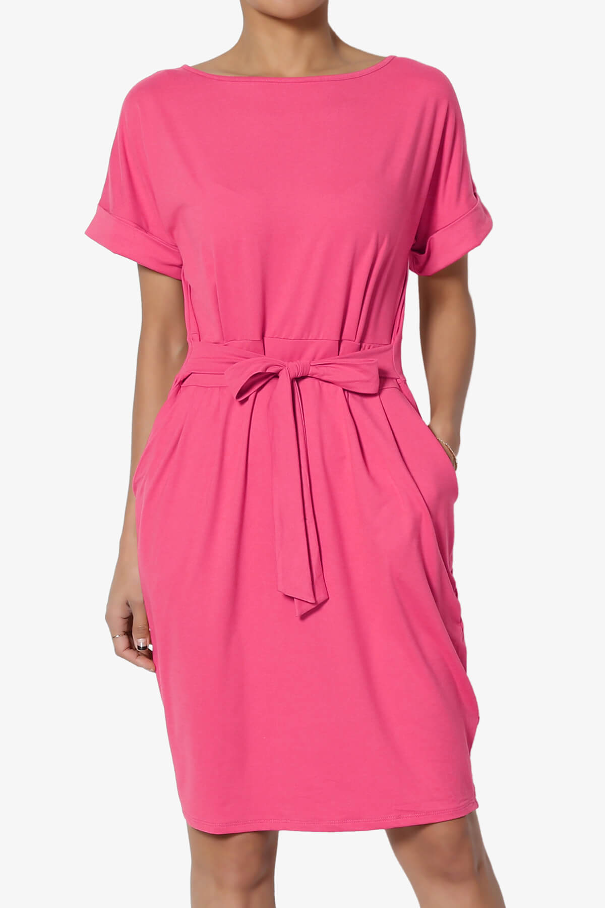 Pennie Tie Waist DTY Jersey Dress HOT PINK_1