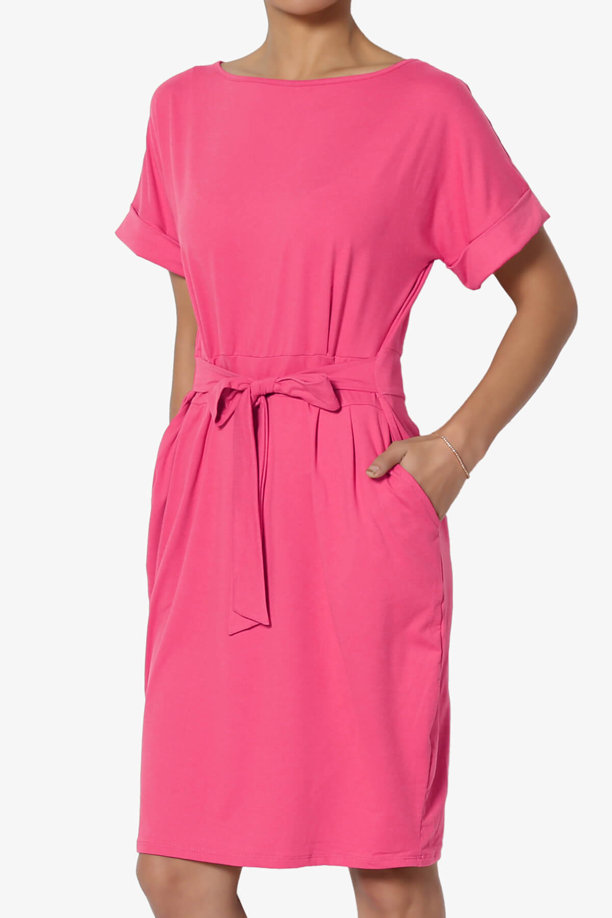 Pennie Tie Waist DTY Jersey Dress HOT PINK_3