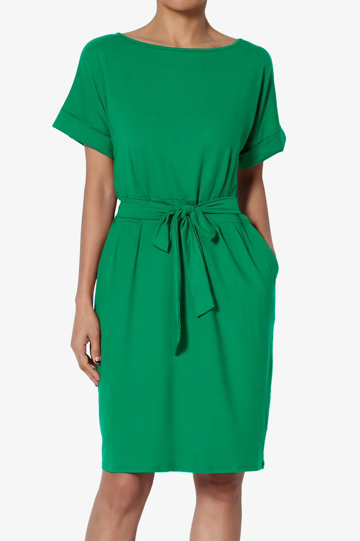 Pennie Tie Waist DTY Jersey Dress KELLY GREEN_1