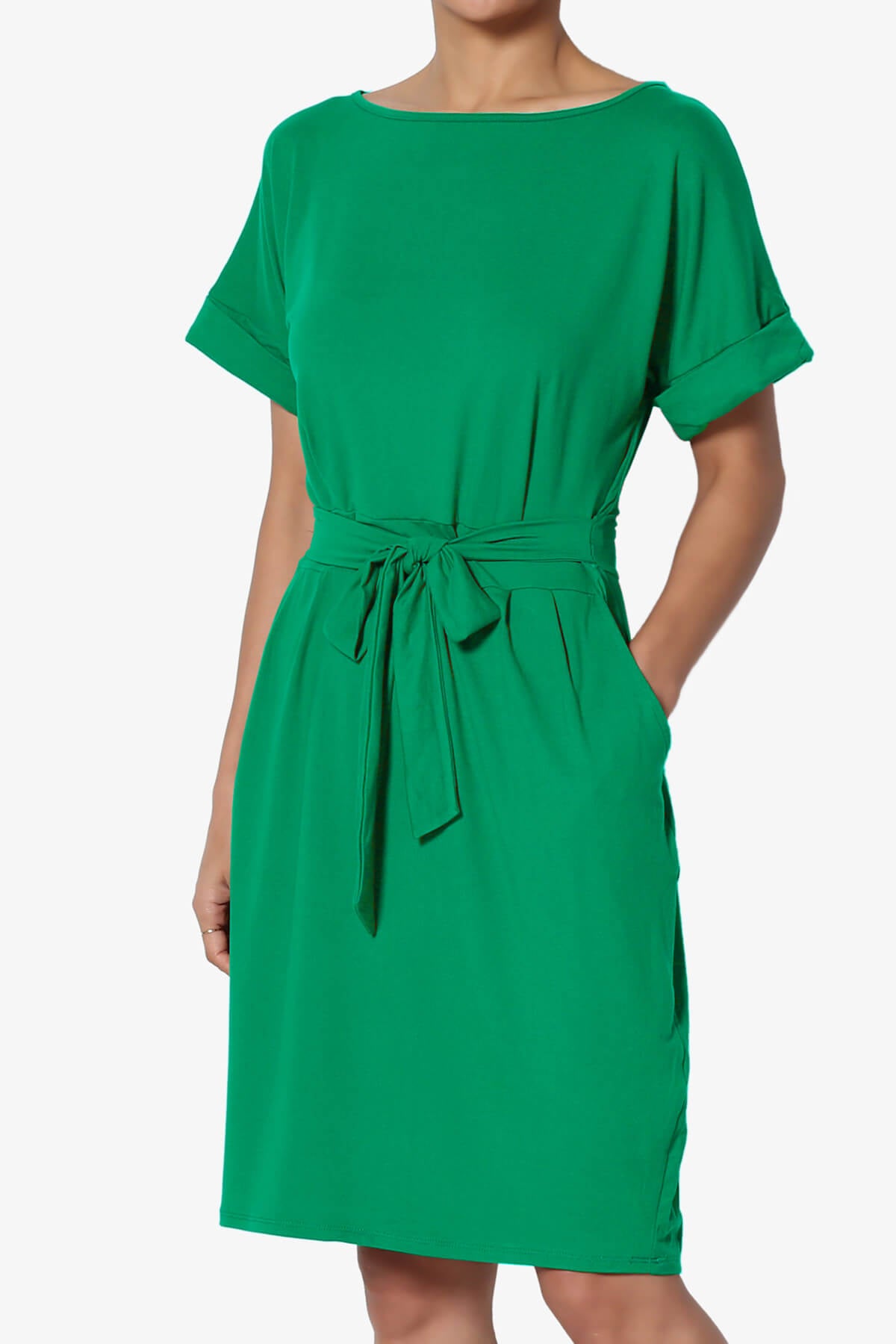 Pennie Tie Waist DTY Jersey Dress KELLY GREEN_3