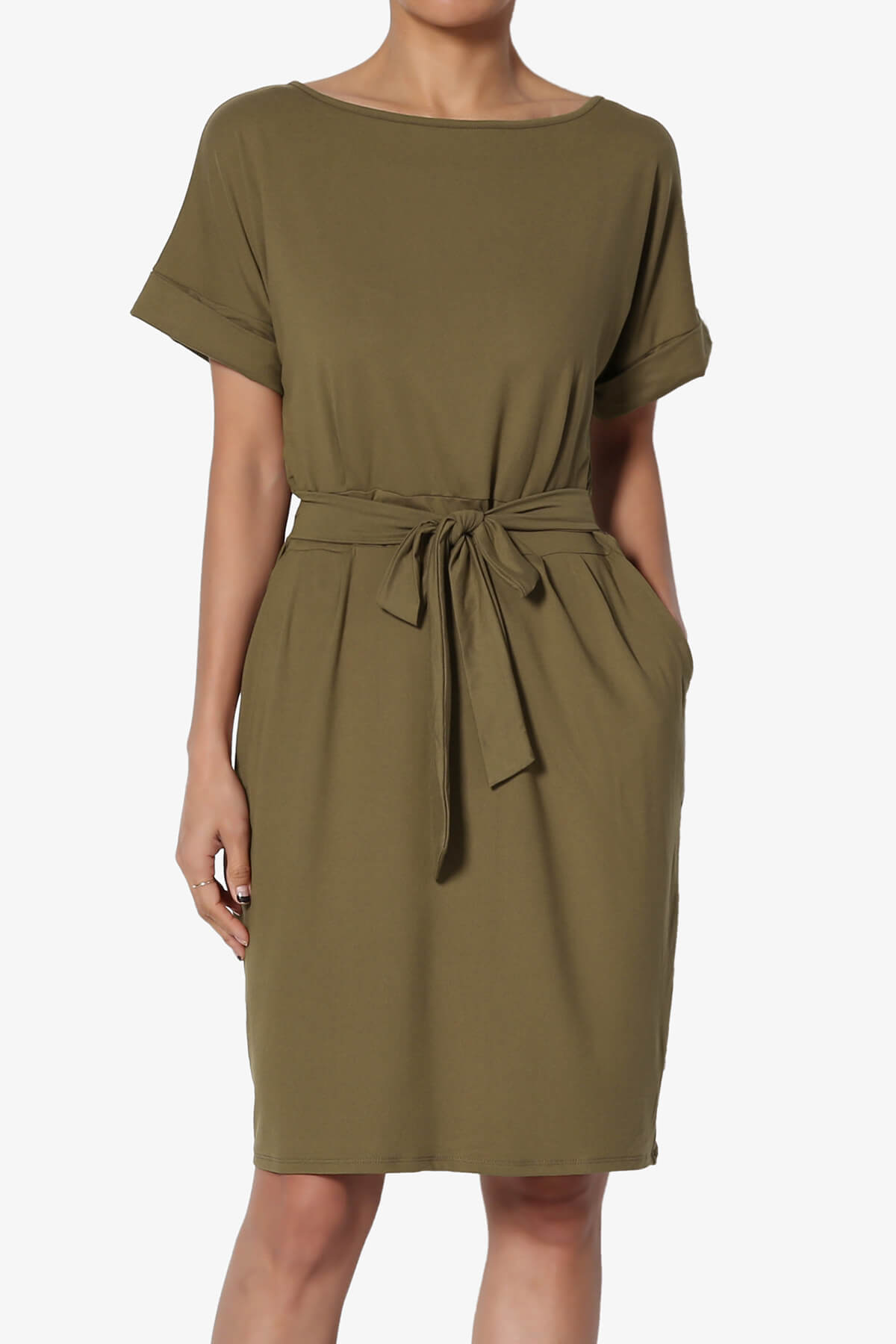 Pennie Tie Waist DTY Jersey Dress OLIVE_1