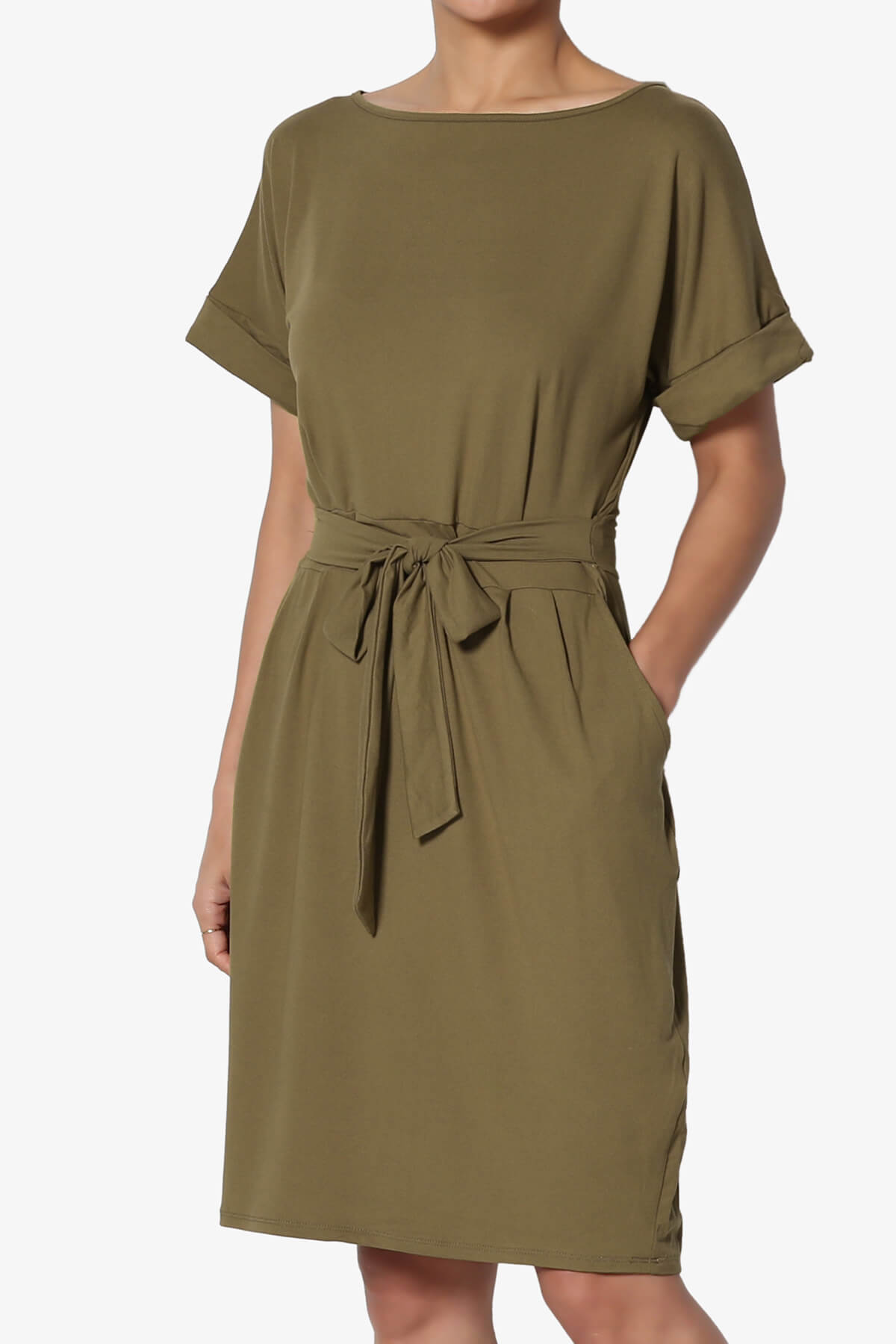 Pennie Tie Waist DTY Jersey Dress OLIVE_3