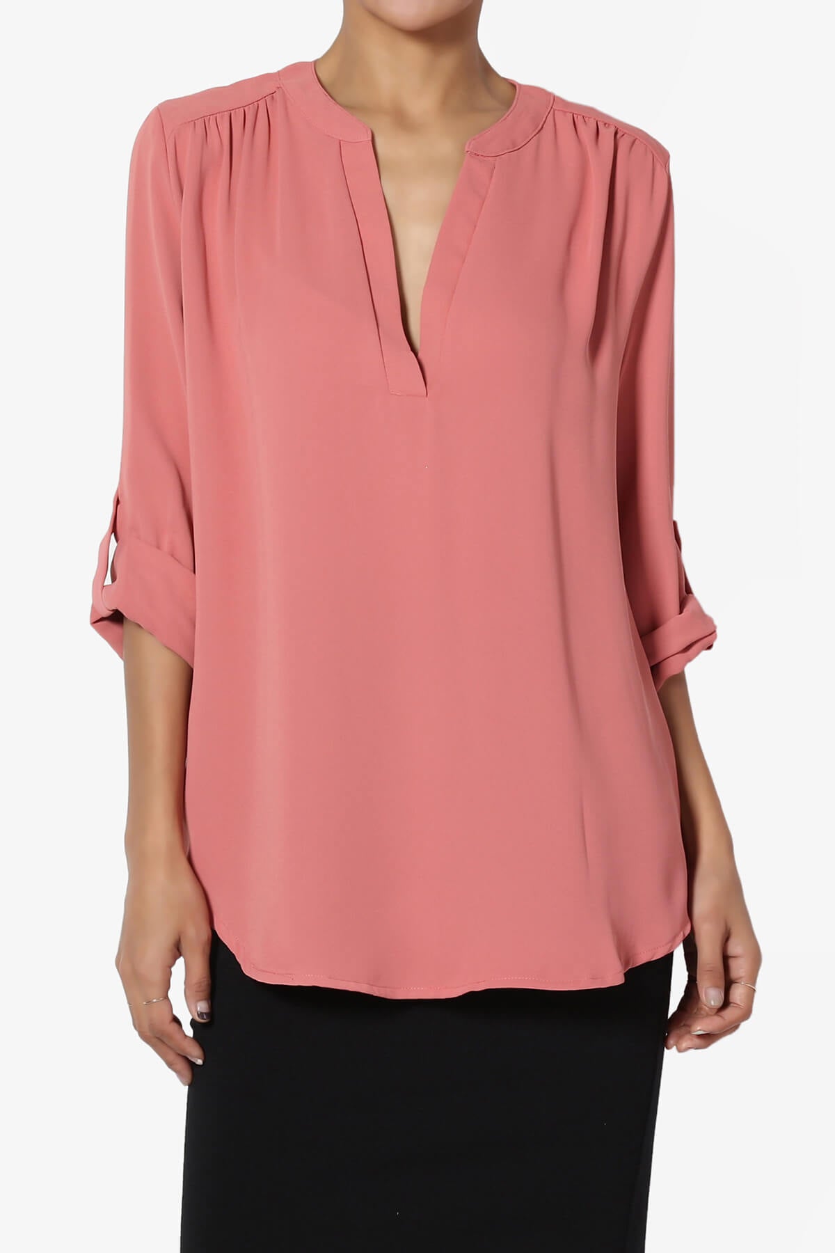 Alia Shirred Split Neck Blouse ASH ROSE_1