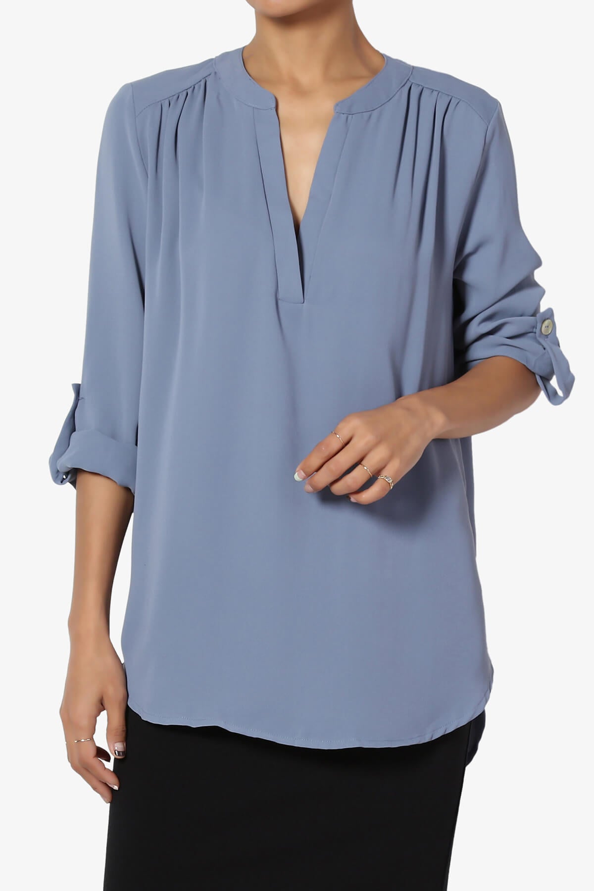 Alia Shirred Split Neck Blouse CEMENT_1