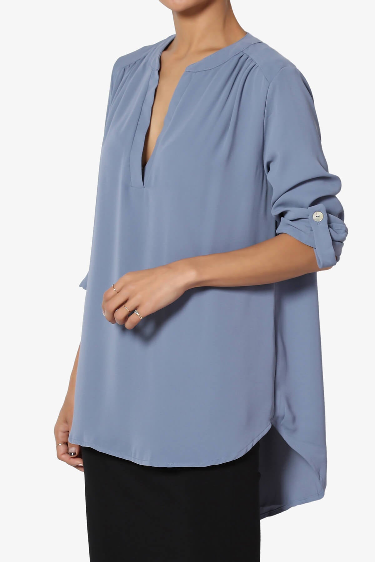 Alia Shirred Split Neck Blouse CEMENT_3