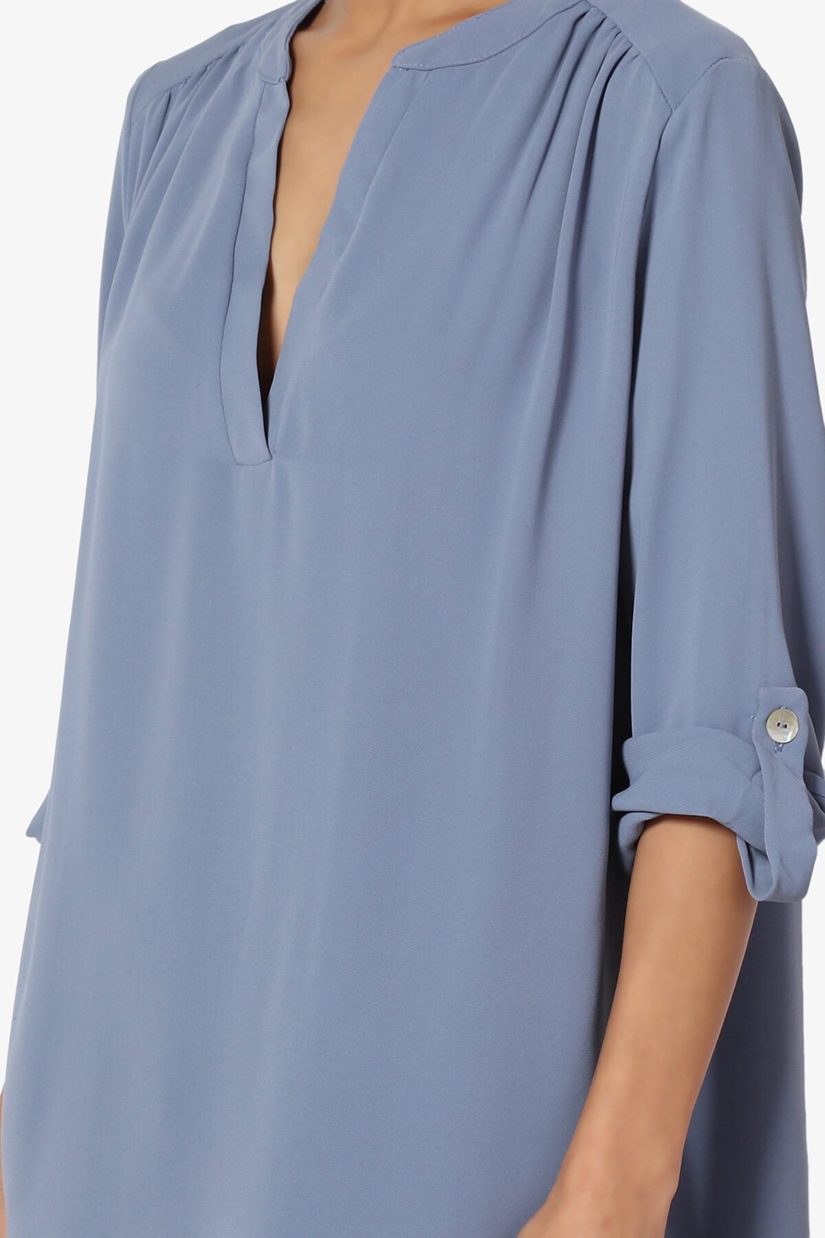 Alia Shirred Split Neck Blouse CEMENT_5