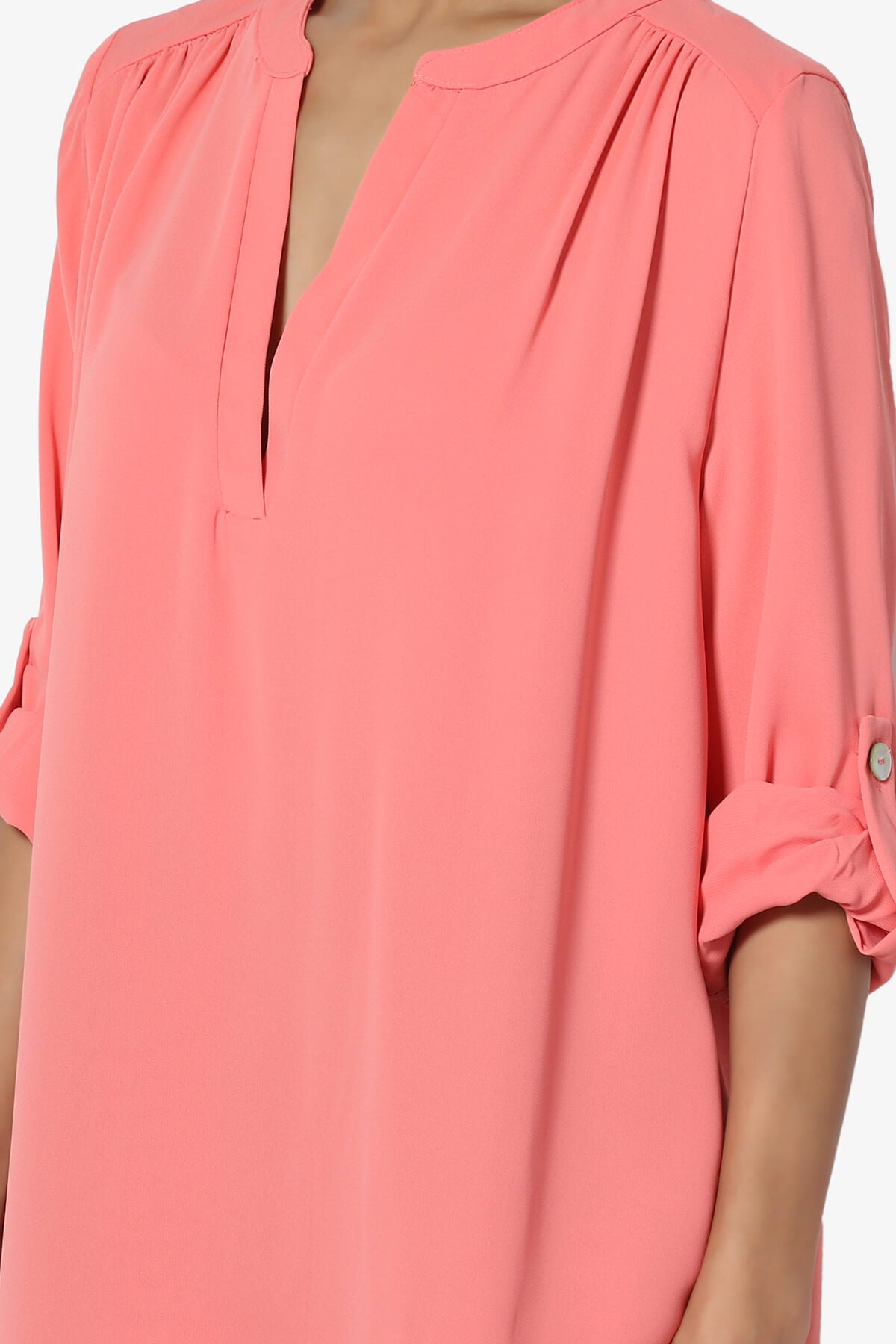 Alia Shirred Split Neck Blouse CORAL_5
