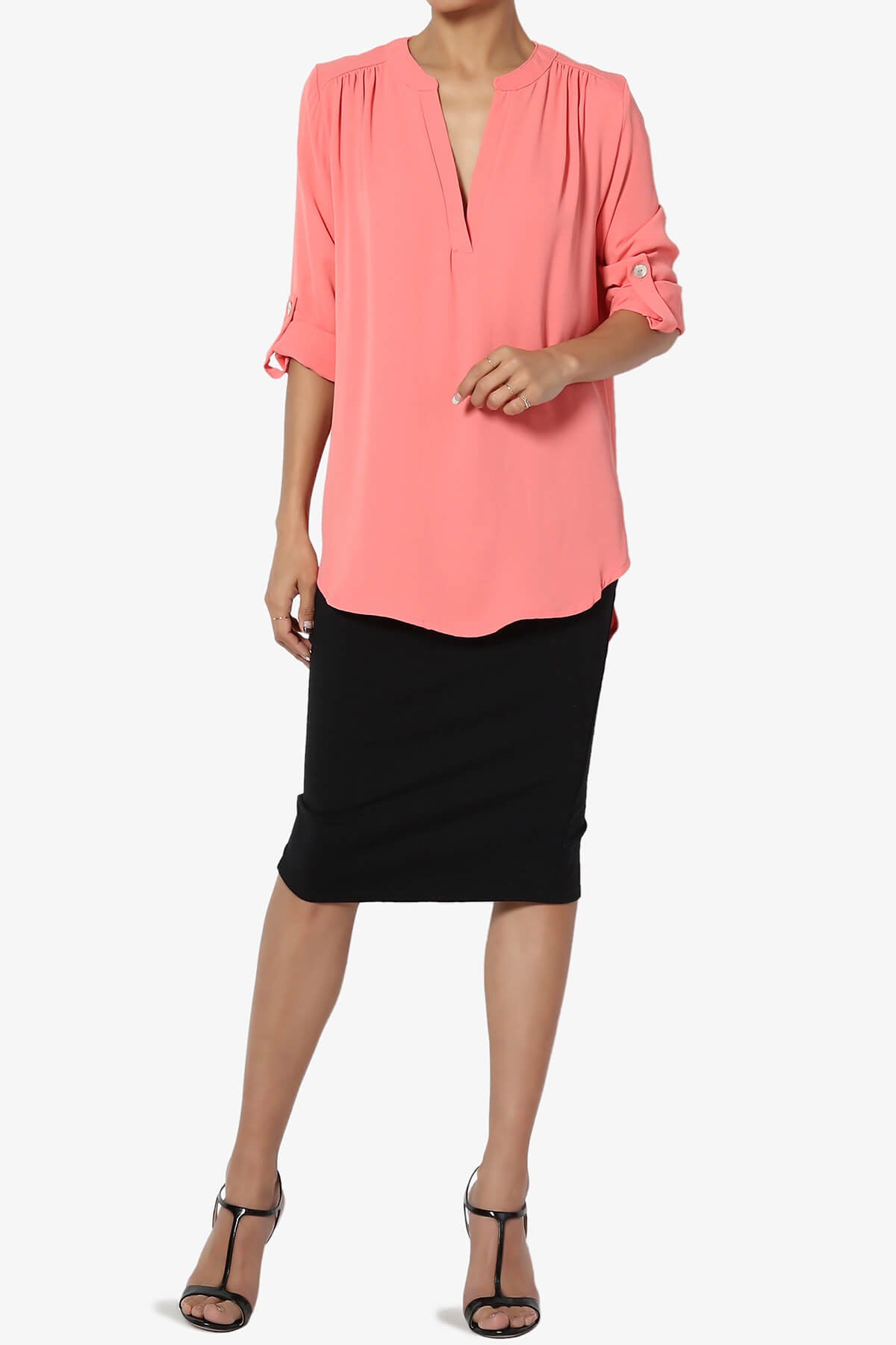 Alia Shirred Split Neck Blouse CORAL_6