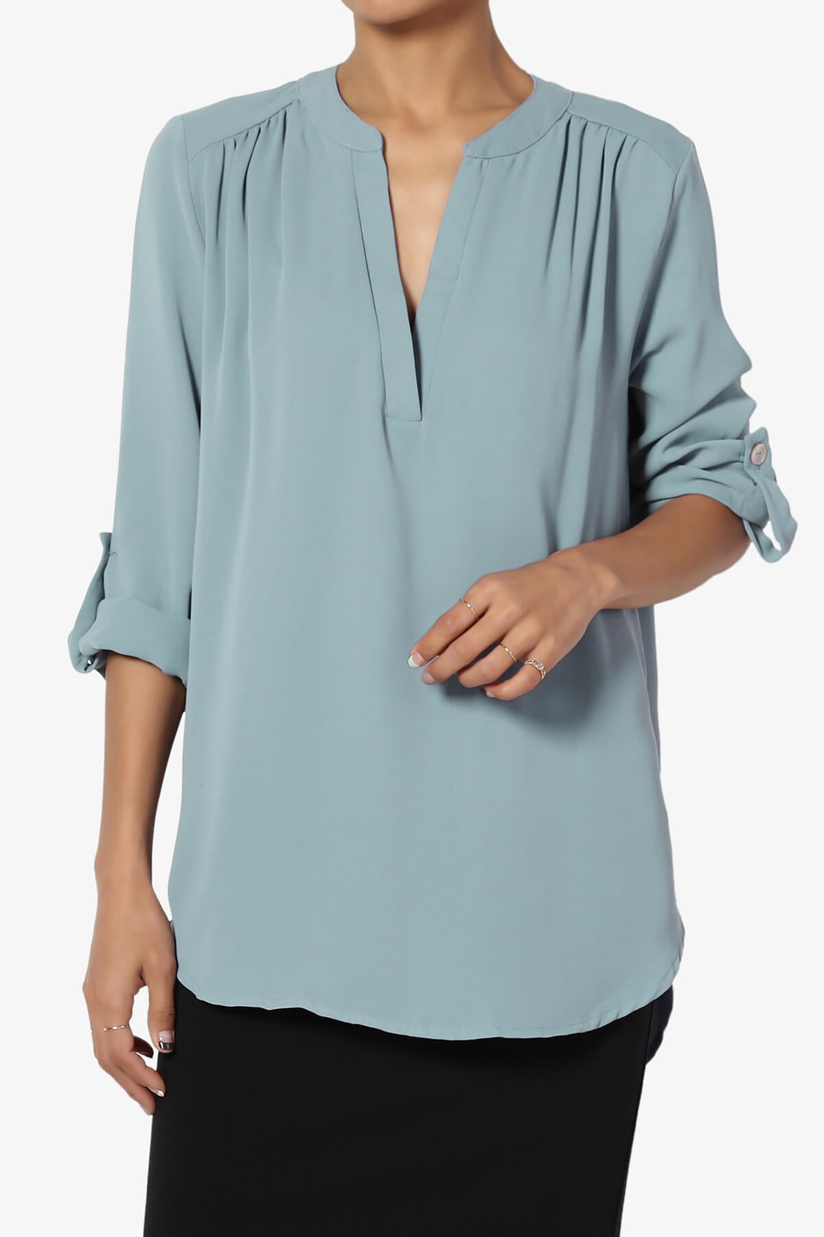 Alia Shirred Split Neck Blouse DUSTY BLUE_1