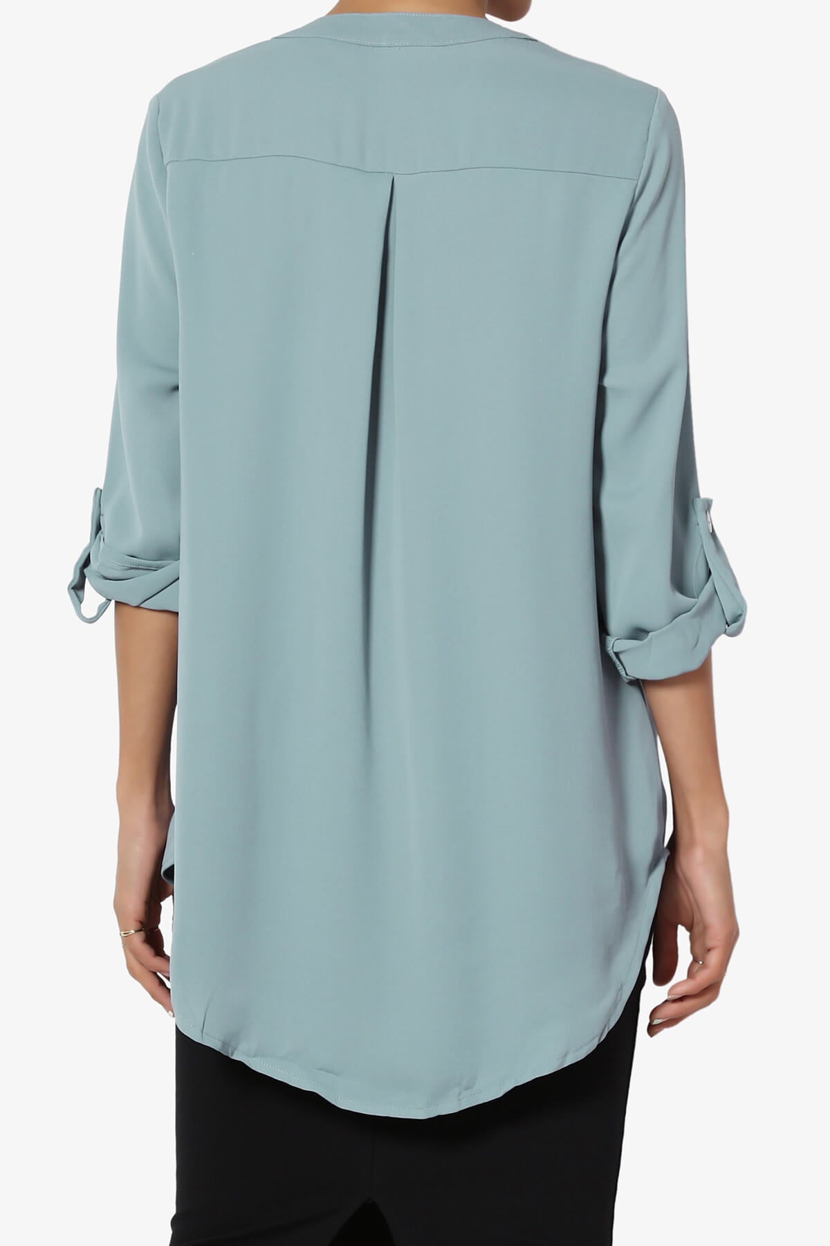 Alia Shirred Split Neck Blouse DUSTY BLUE_2