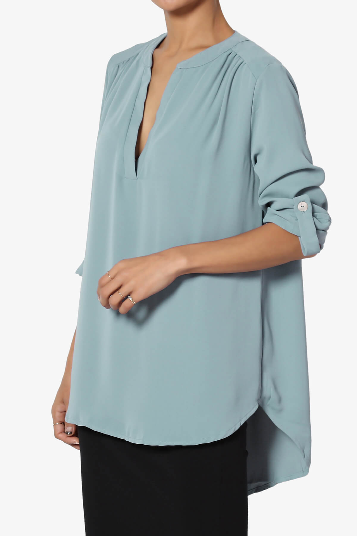 Alia Shirred Split Neck Blouse DUSTY BLUE_3