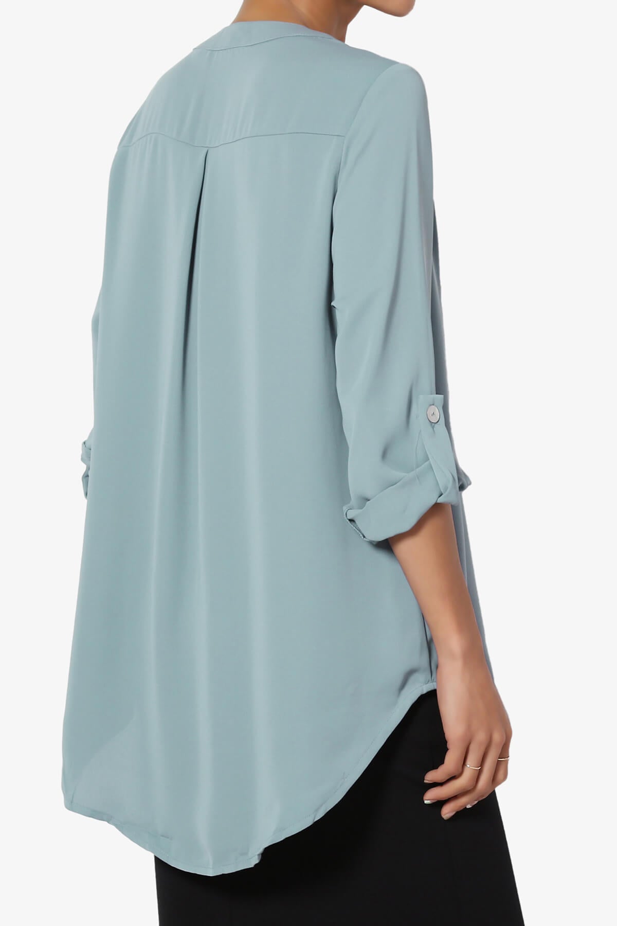 Alia Shirred Split Neck Blouse DUSTY BLUE_4