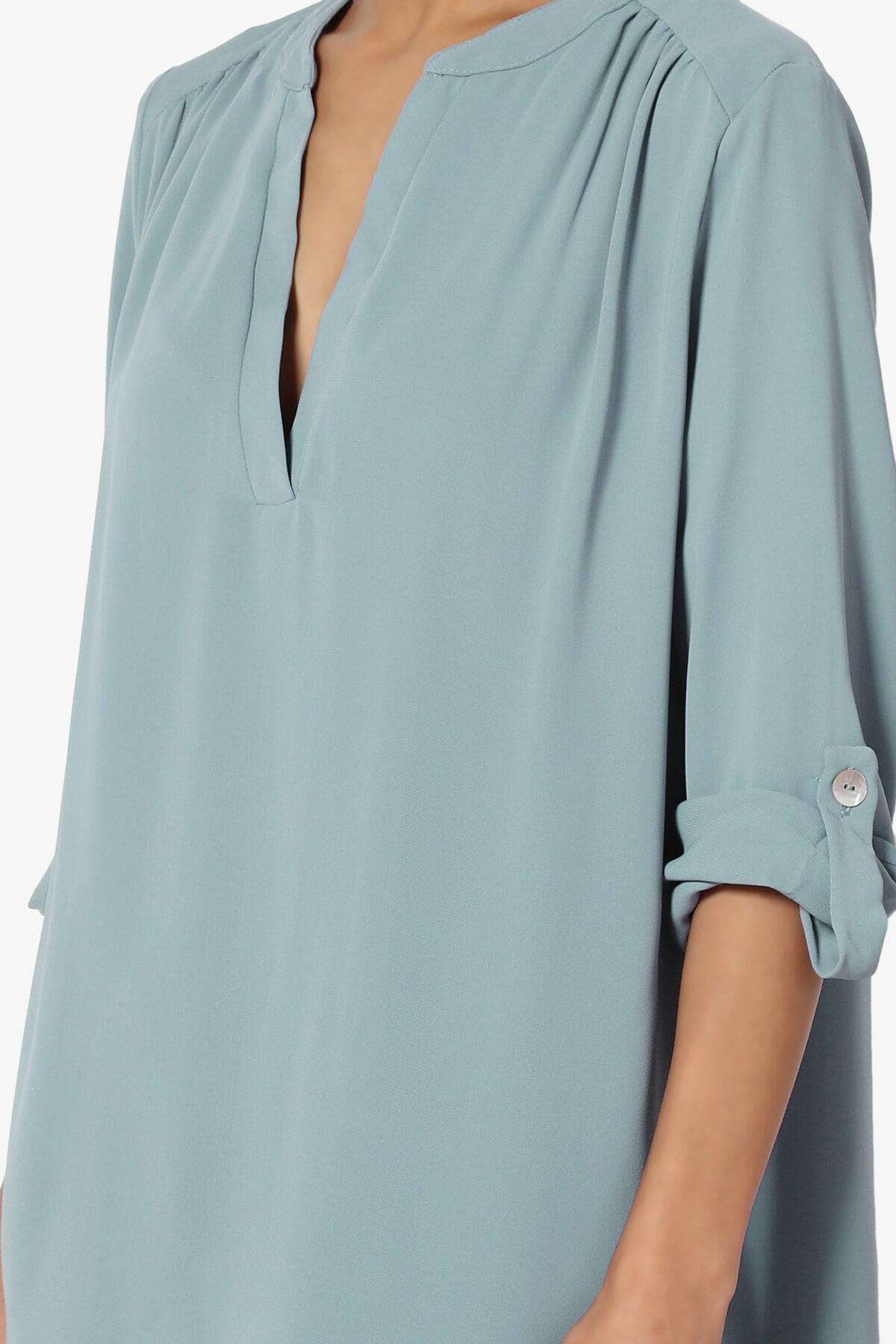 Alia Shirred Split Neck Blouse DUSTY BLUE_5