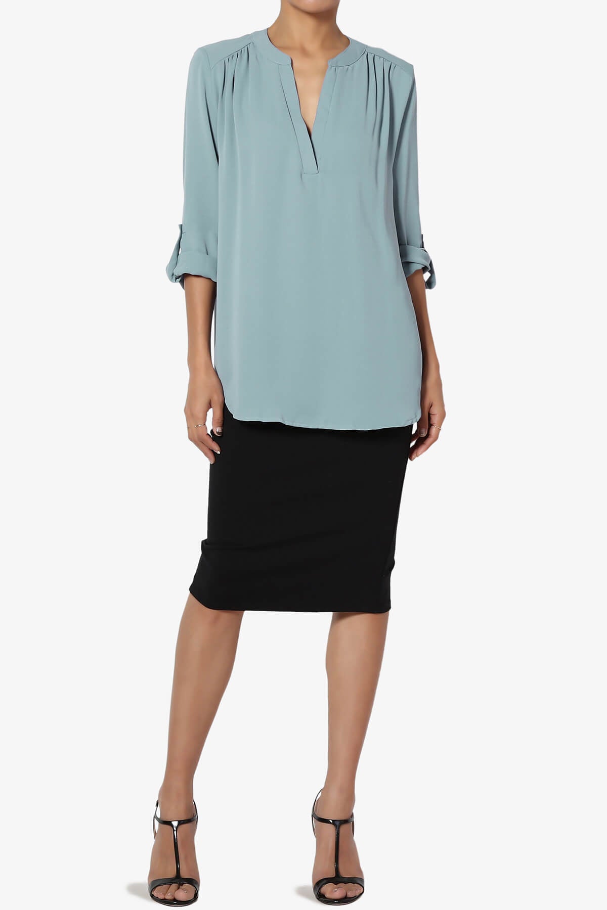 Alia Shirred Split Neck Blouse DUSTY BLUE_6