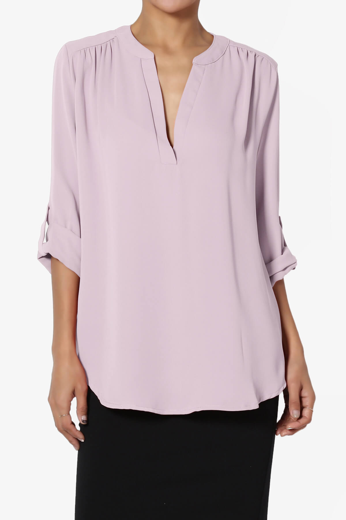 Alia Shirred Split Neck Blouse DUSTY LAVENDER_1