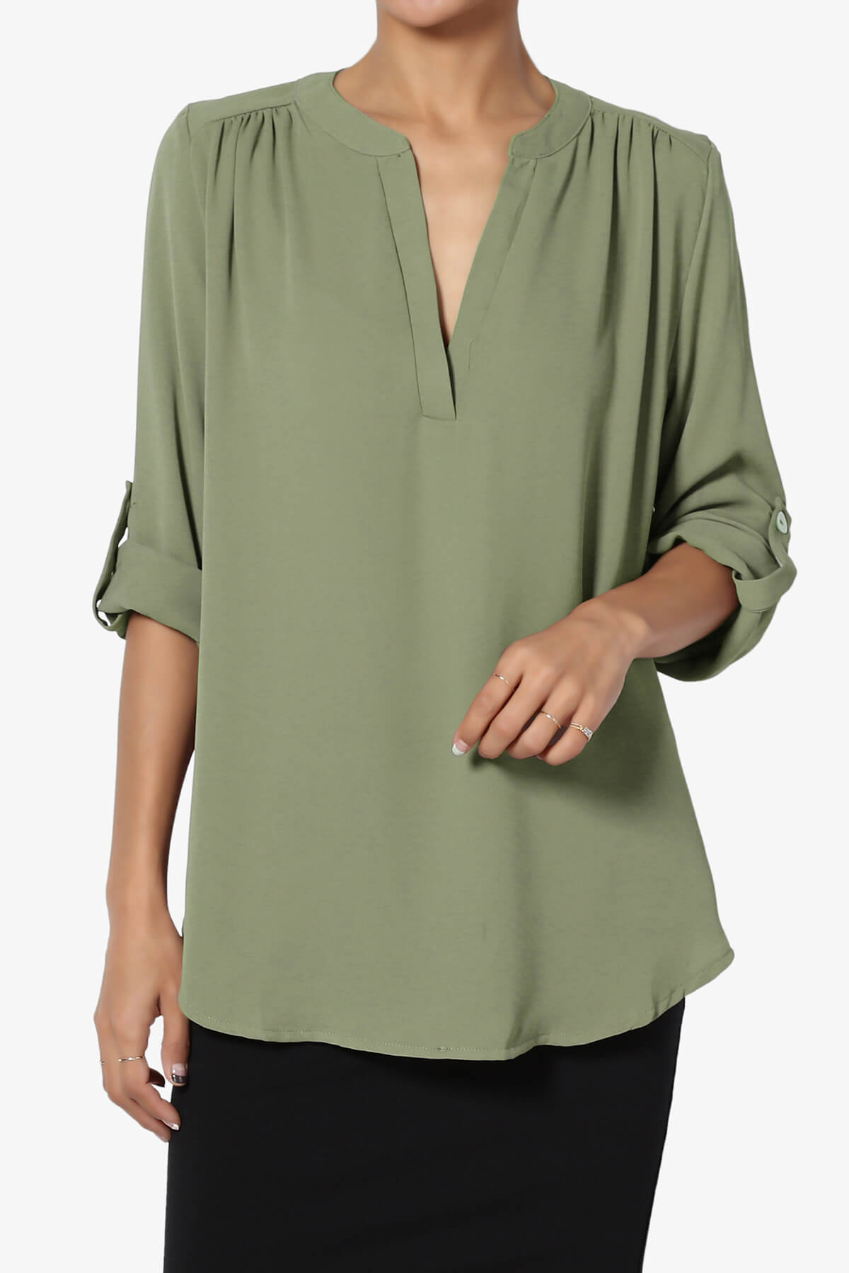Alia Shirred Split Neck Blouse DUSTY OLIVE_1