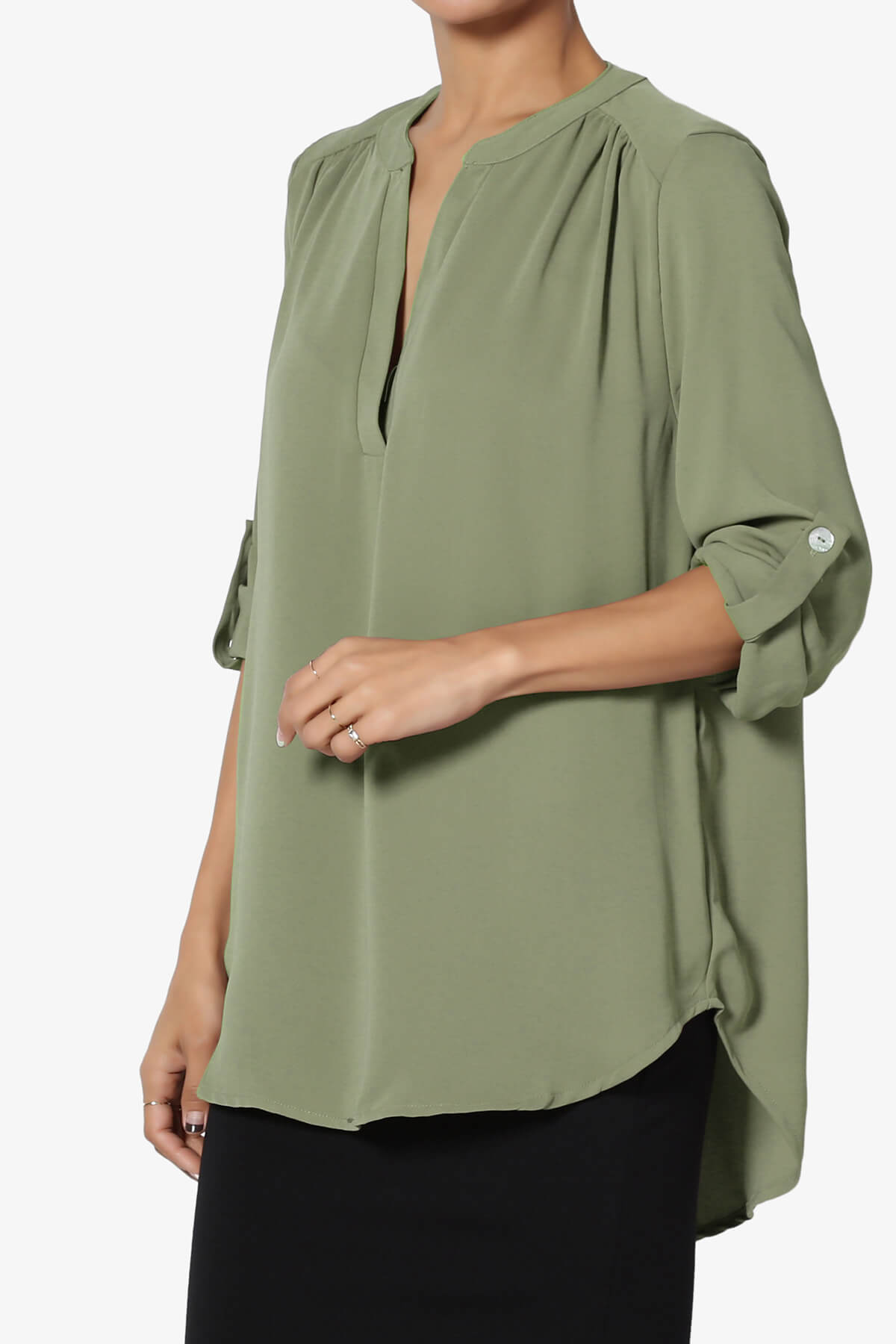 Alia Shirred Split Neck Blouse DUSTY OLIVE_3