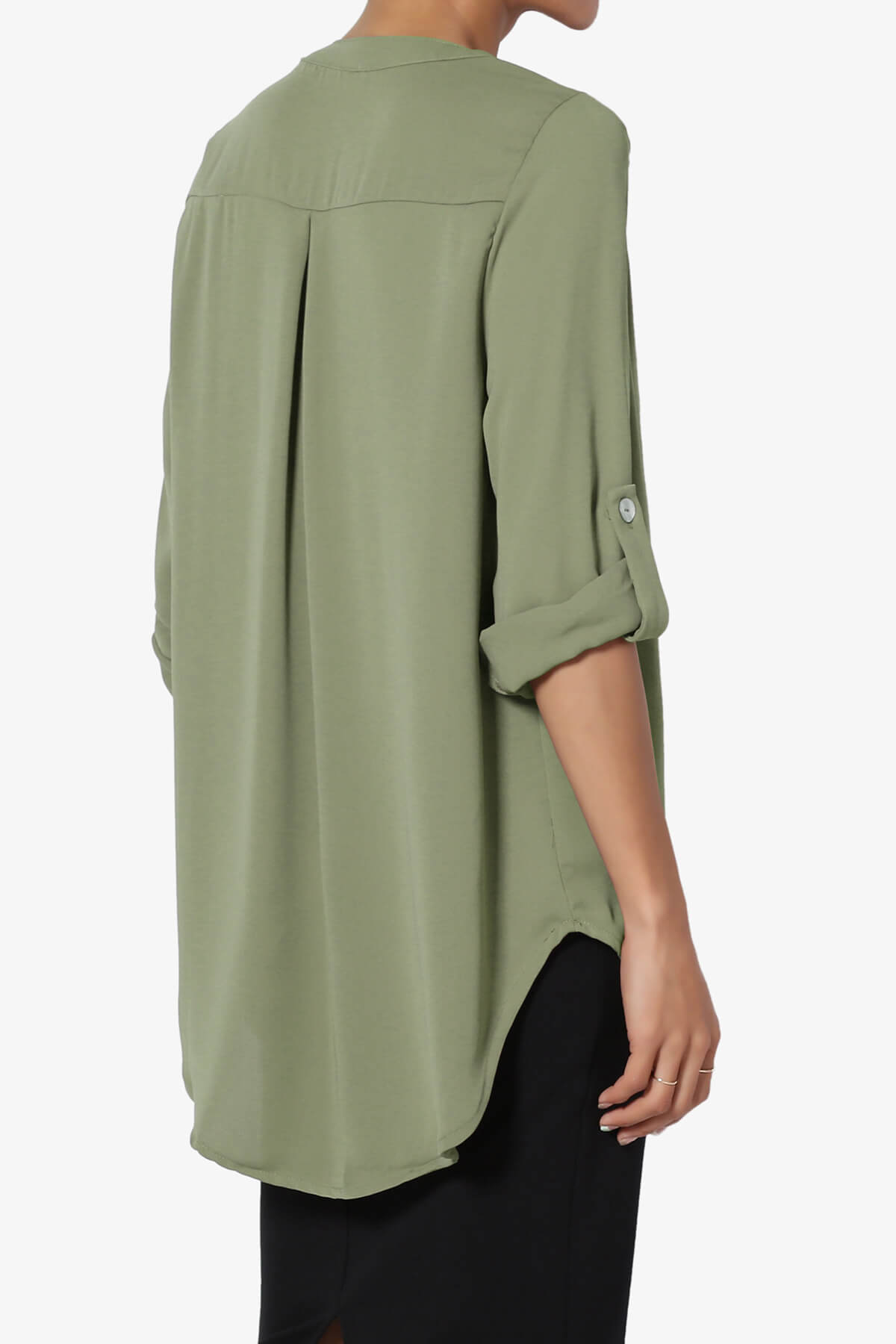 Alia Shirred Split Neck Blouse DUSTY OLIVE_4
