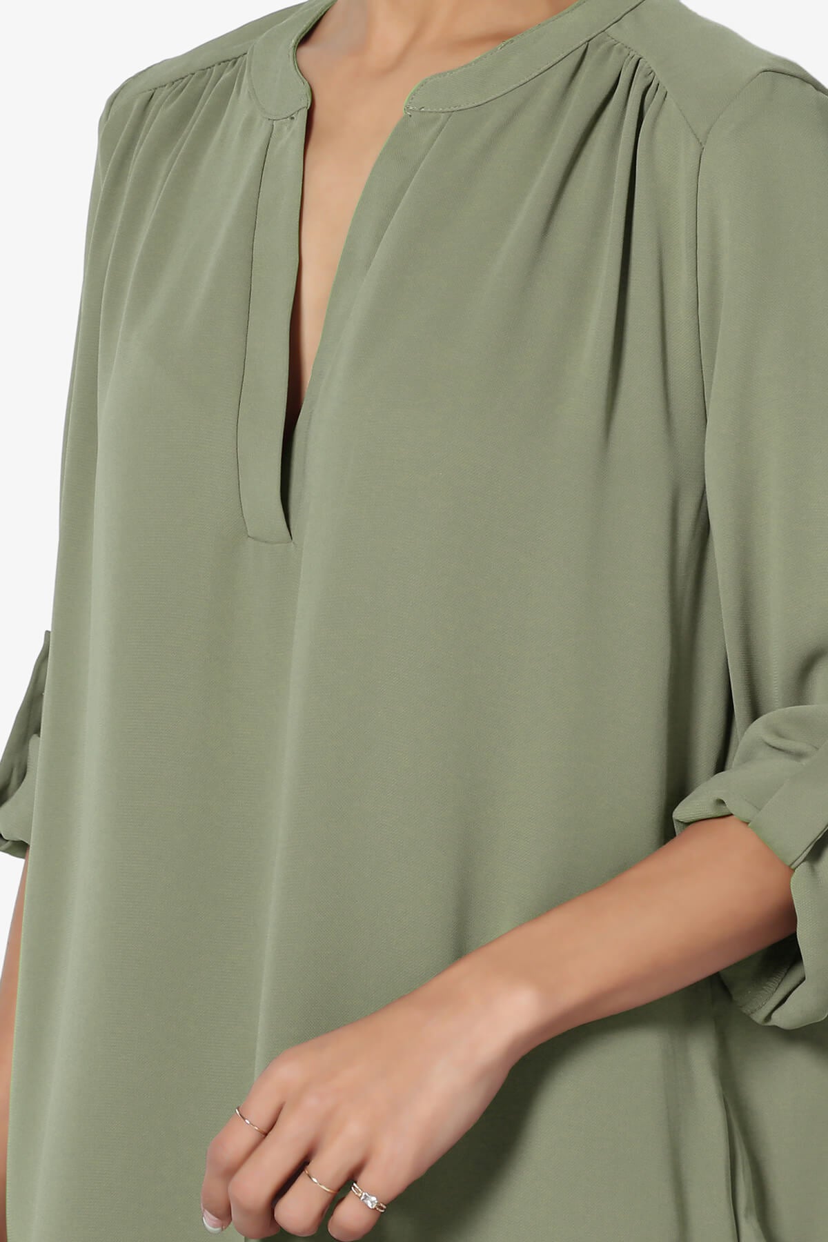 Alia Shirred Split Neck Blouse DUSTY OLIVE_5