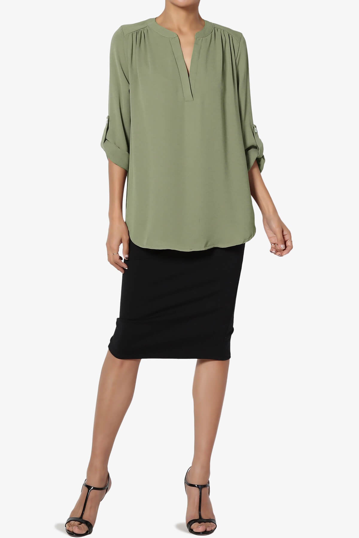 Alia Shirred Split Neck Blouse DUSTY OLIVE_6