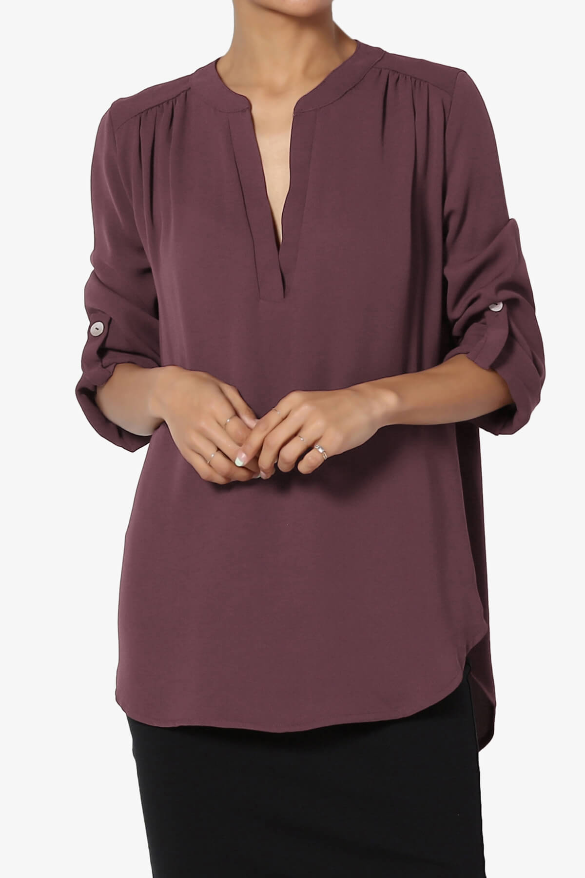 Alia Shirred Split Neck Blouse DUSTY PLUM_1