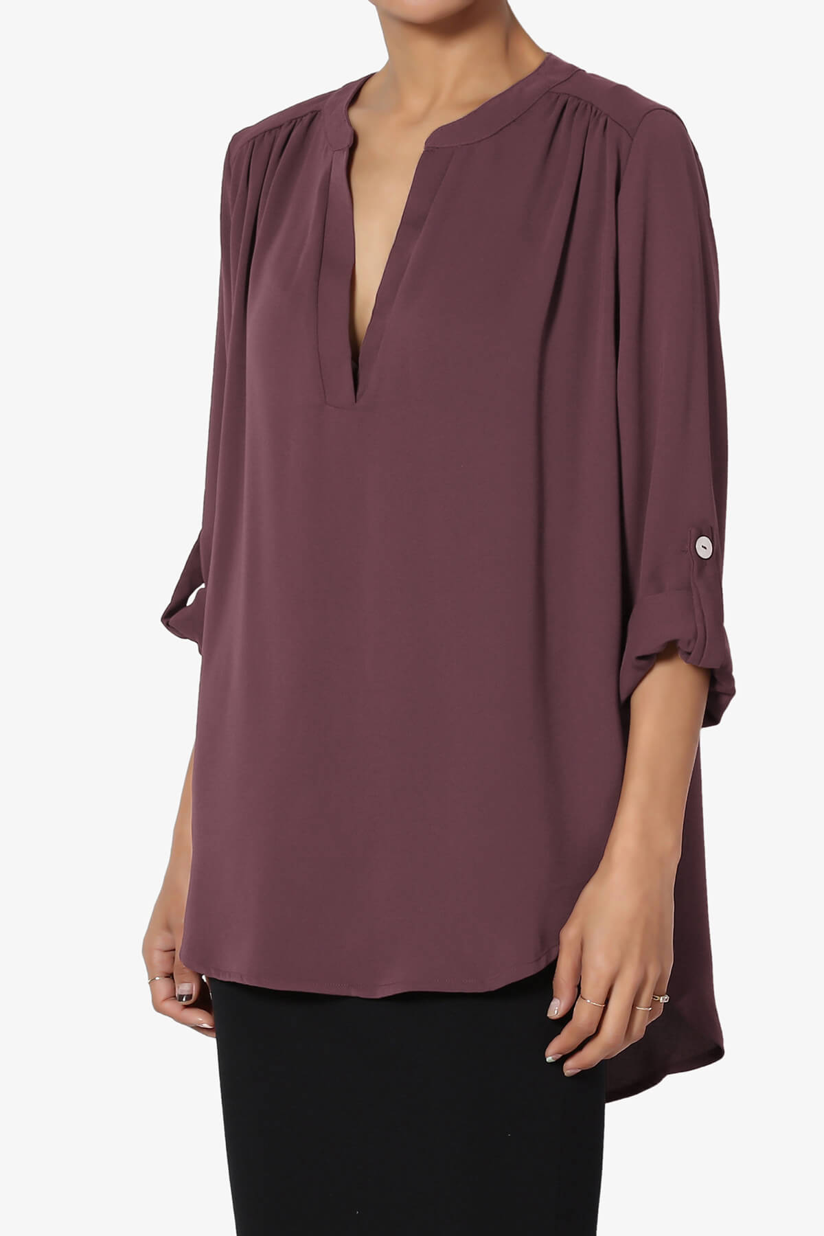 Alia Shirred Split Neck Blouse DUSTY PLUM_3