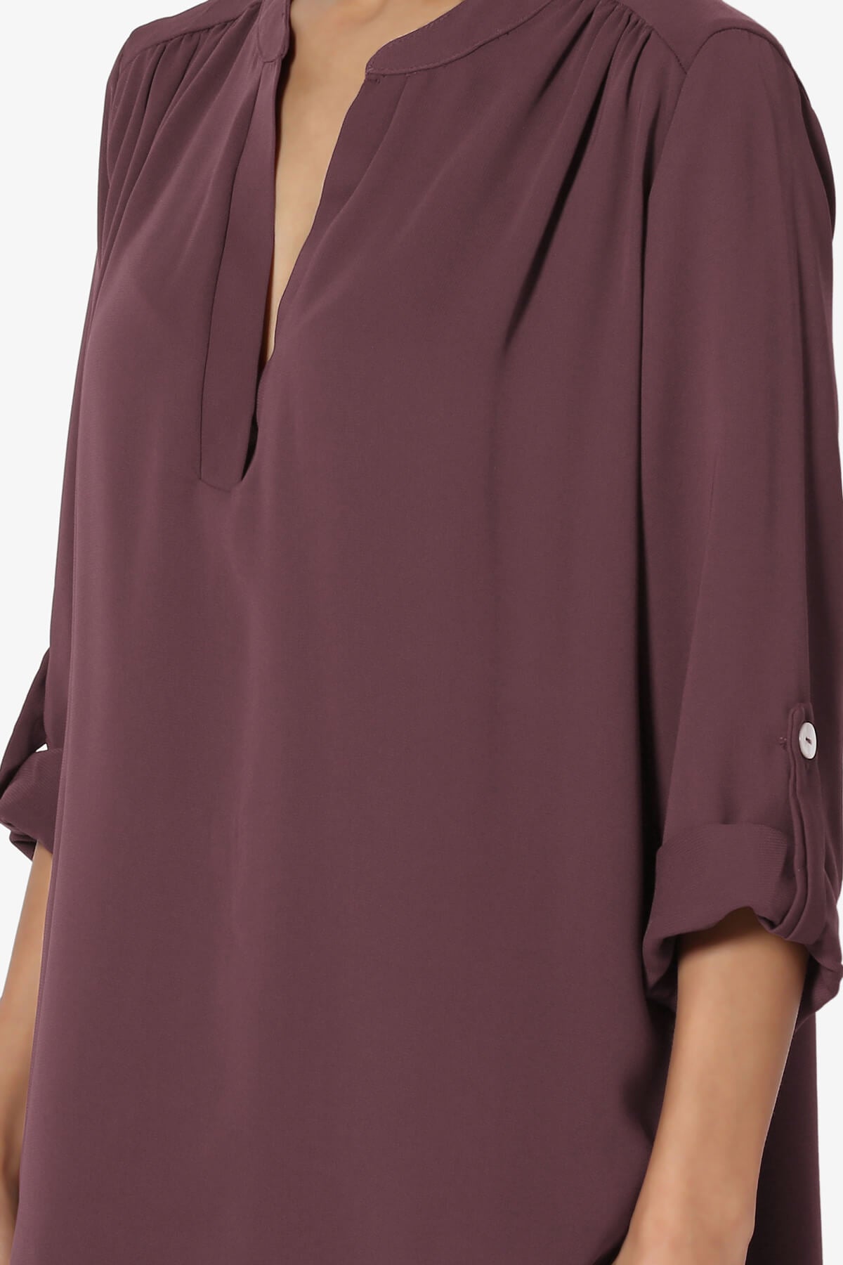 Alia Shirred Split Neck Blouse DUSTY PLUM_5