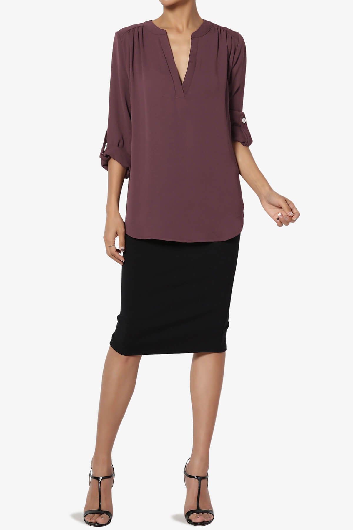 Alia Shirred Split Neck Blouse DUSTY PLUM_6