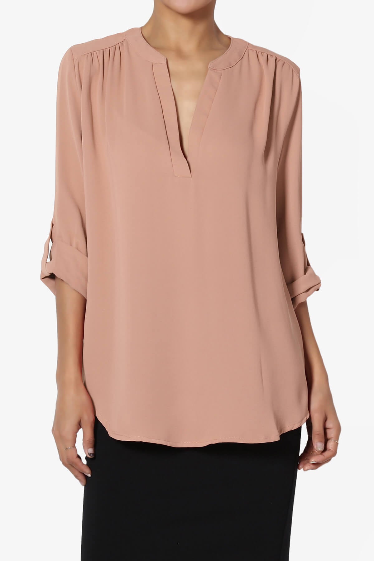 Alia Shirred Split Neck Blouse EGG SHELL_1