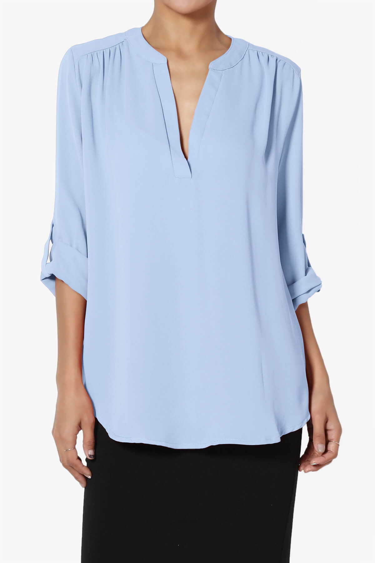 Alia Shirred Split Neck Blouse LIGHT BLUE_1