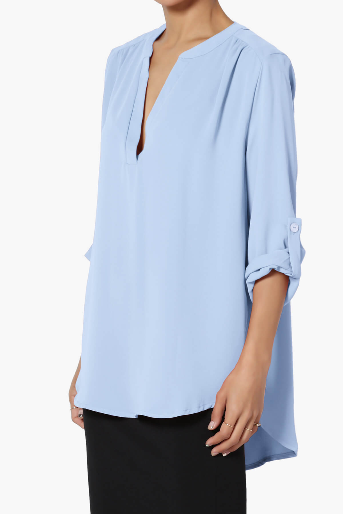 Alia Shirred Split Neck Blouse LIGHT BLUE_3