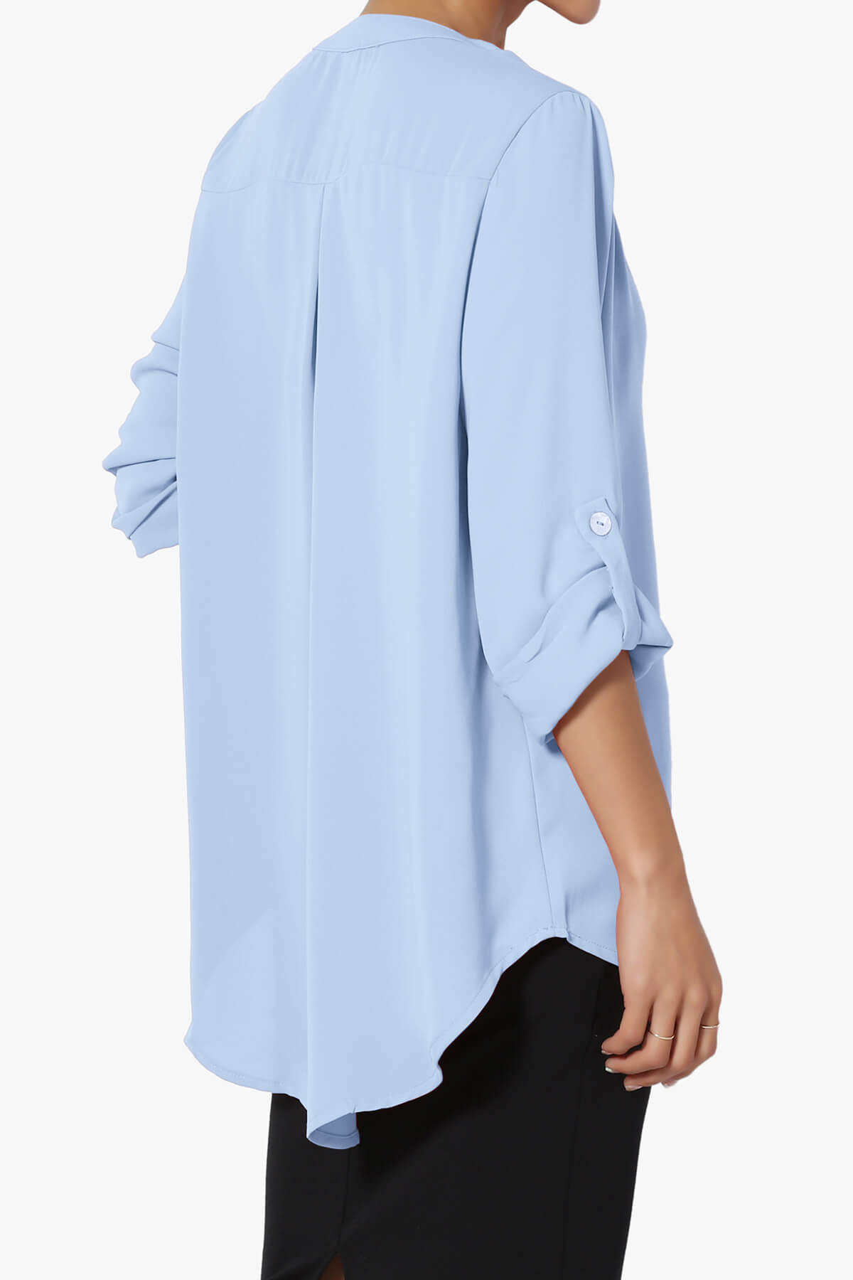 Alia Shirred Split Neck Blouse LIGHT BLUE_4